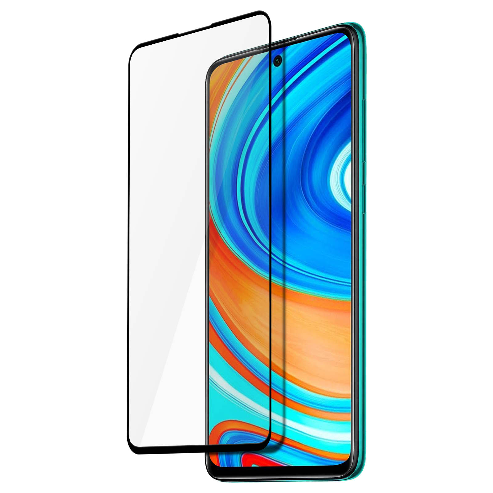 Uno smartphone con protezione schermo. Il telefono è verde e ha uno schermo che mostra un design astratto blu e arancione.