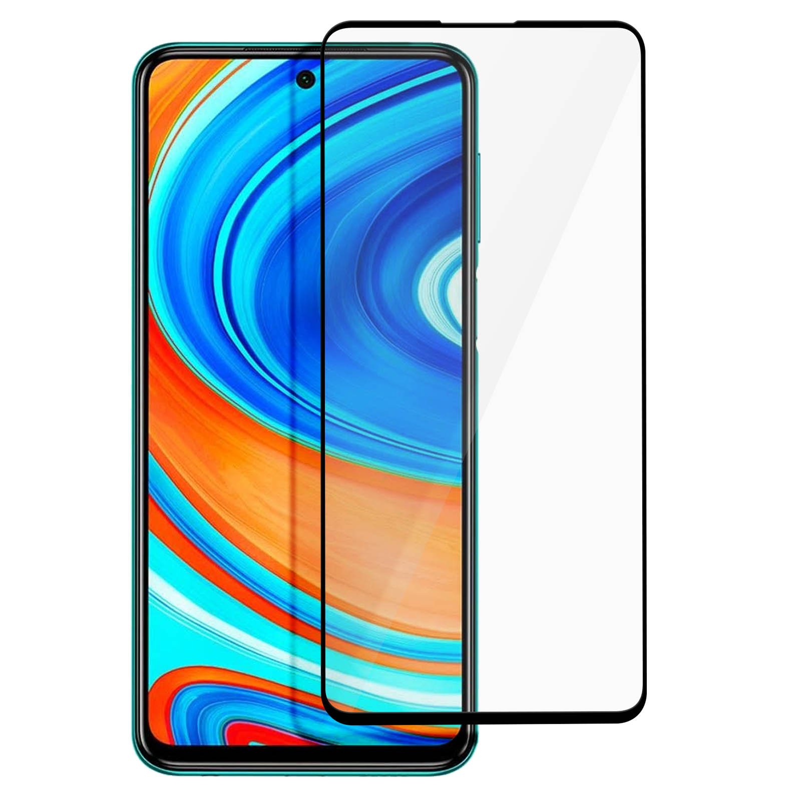 Smartphone con protezione schermo. Il telefono è verde con display colorato. La protezione è trasparente con bordo nero.