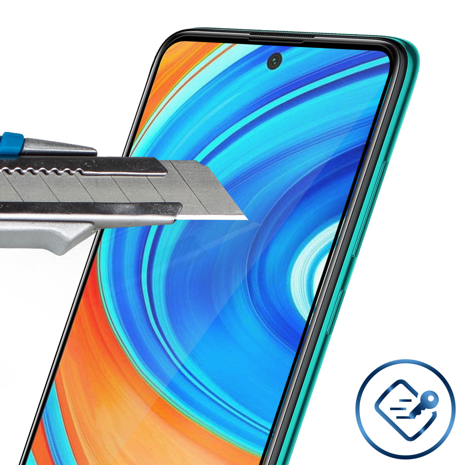 Uno schermo del telefono tagliato con un taglierino. Lo schermo è blu e arancione. Il coltello è argento e blu.