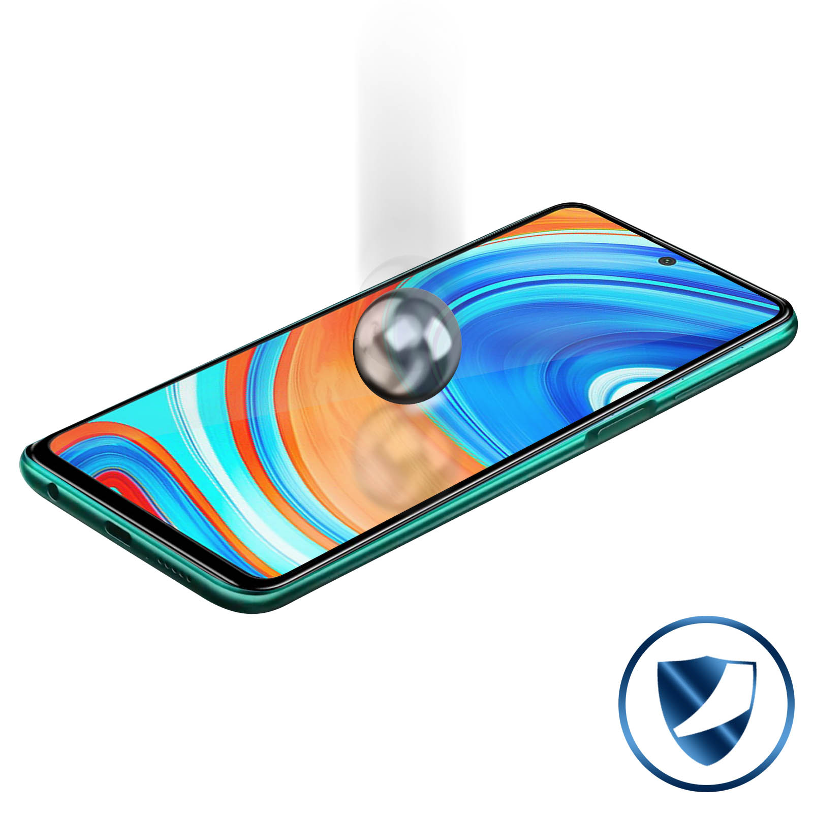 Un telefono con una protezione per lo schermo. Una palla sembra colpire lo schermo. Un logo è in basso a destra.