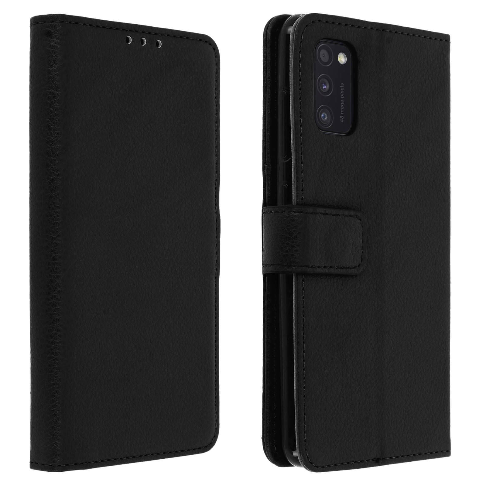Étui de téléphone noir, ouvert. Le téléphone est noir.