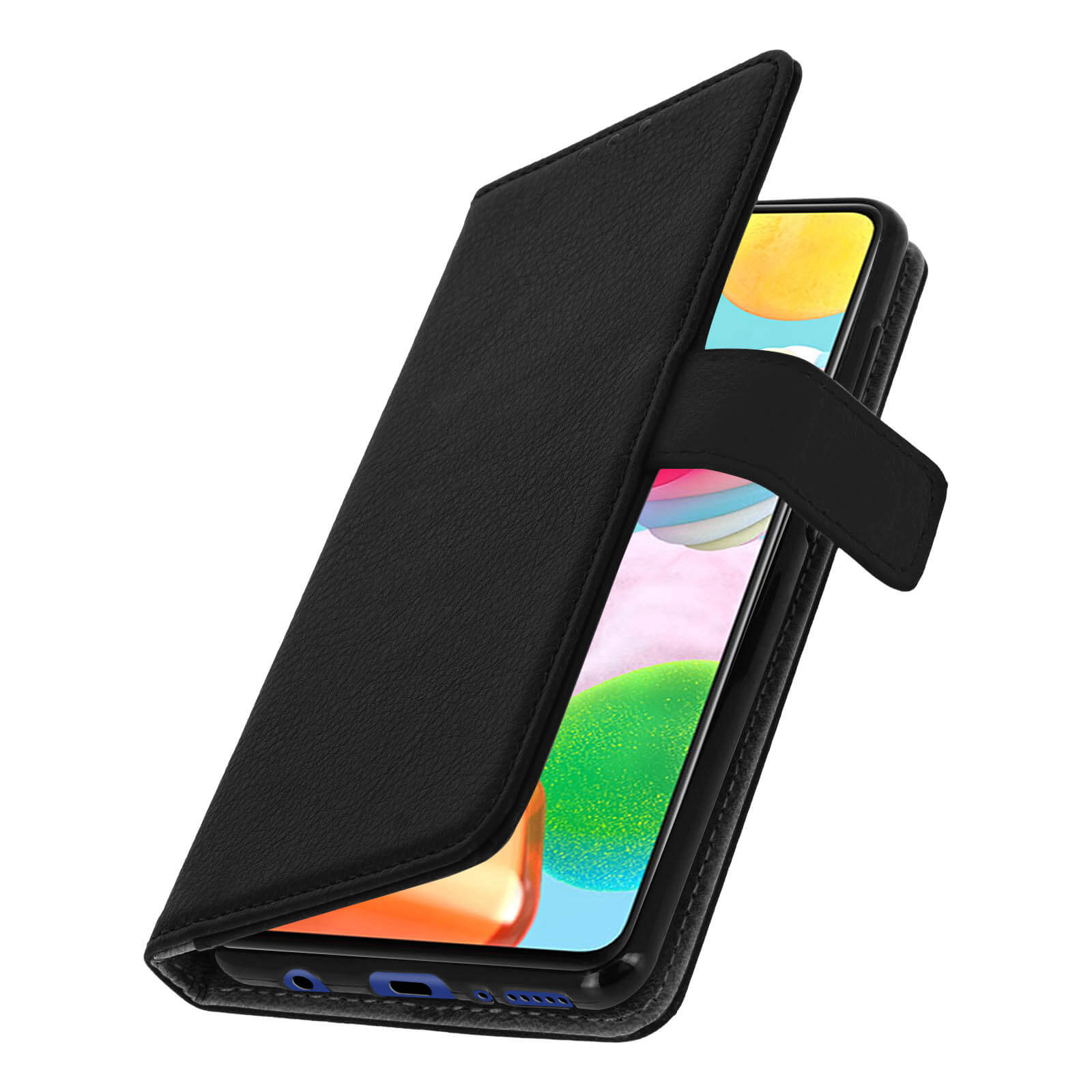 Téléphone noir dans un étui folio noir, ouvert. L'écran du téléphone affiche un affichage coloré.