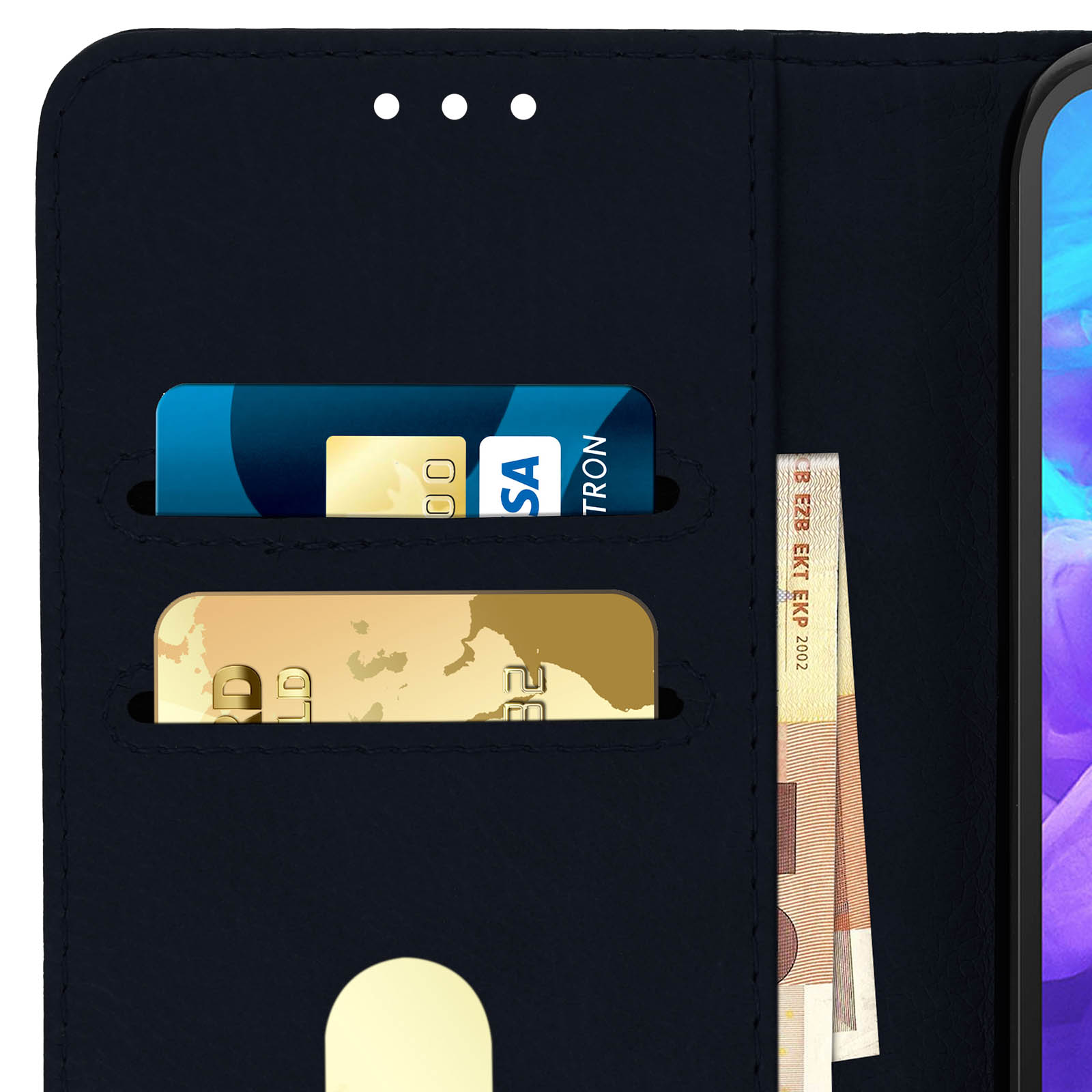 Custodia a portafoglio blu con carte di credito e banconote visibili. Tre fori in alto.