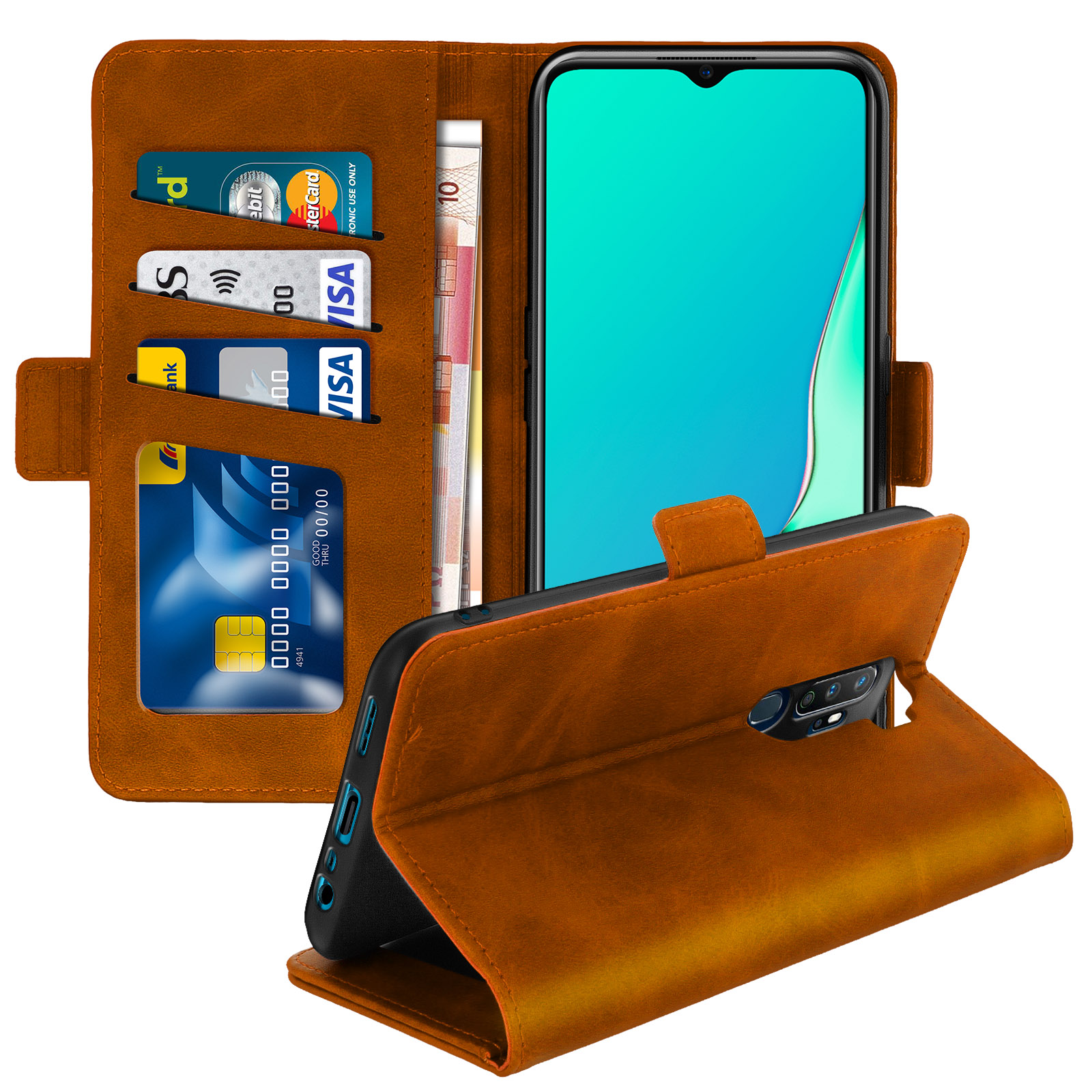 Étui de téléphone marron avec cartes et argent à l'intérieur. Il y a aussi un smartphone.