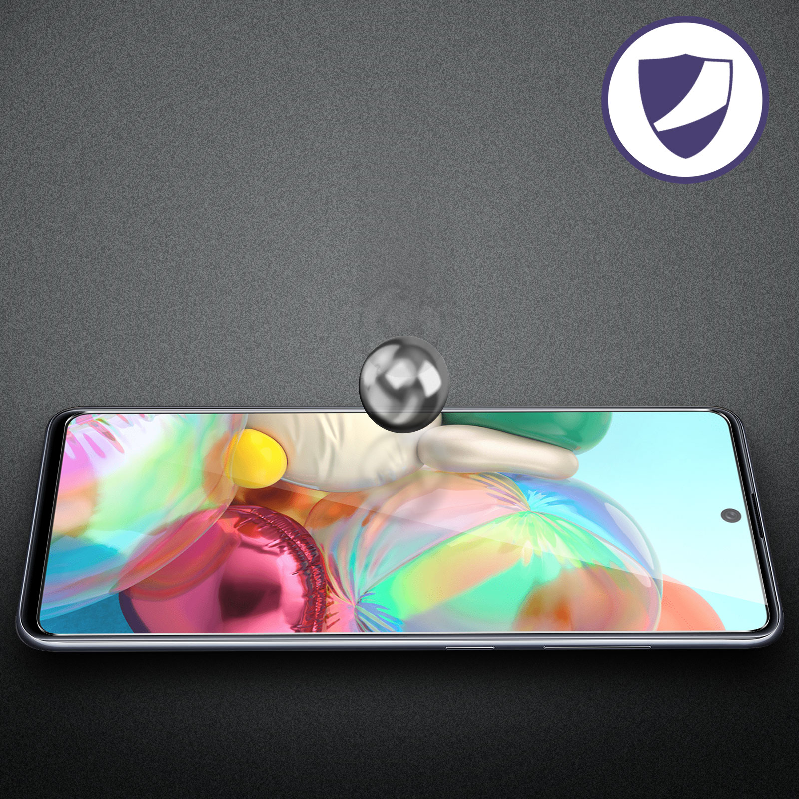 Schermo del telefono con bolle colorate. Una sfera metallica fluttua sopra. Icona scudo visibile.