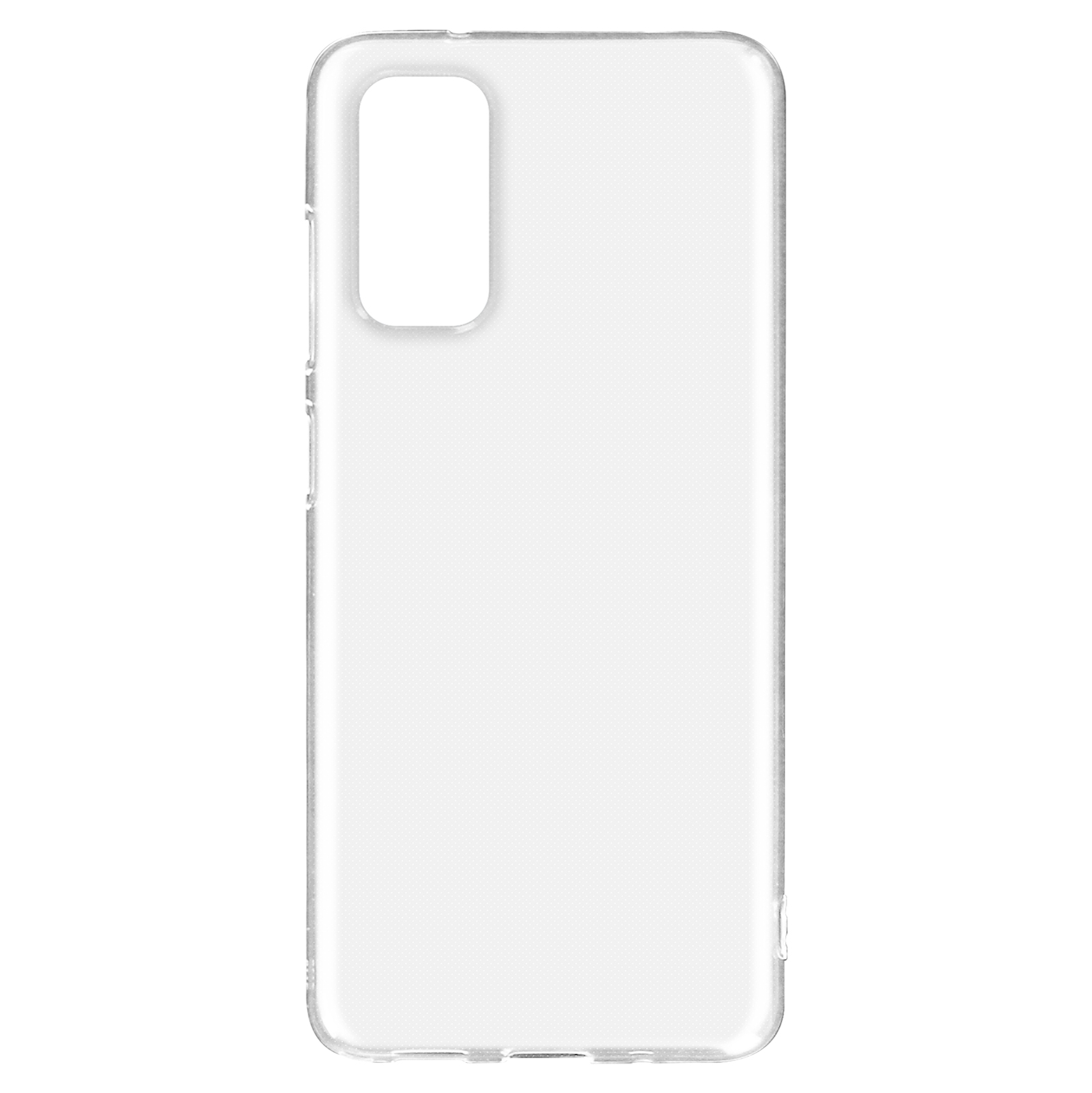 Coque de téléphone transparente, montrant la forme du téléphone avec découpes caméra et boutons.
