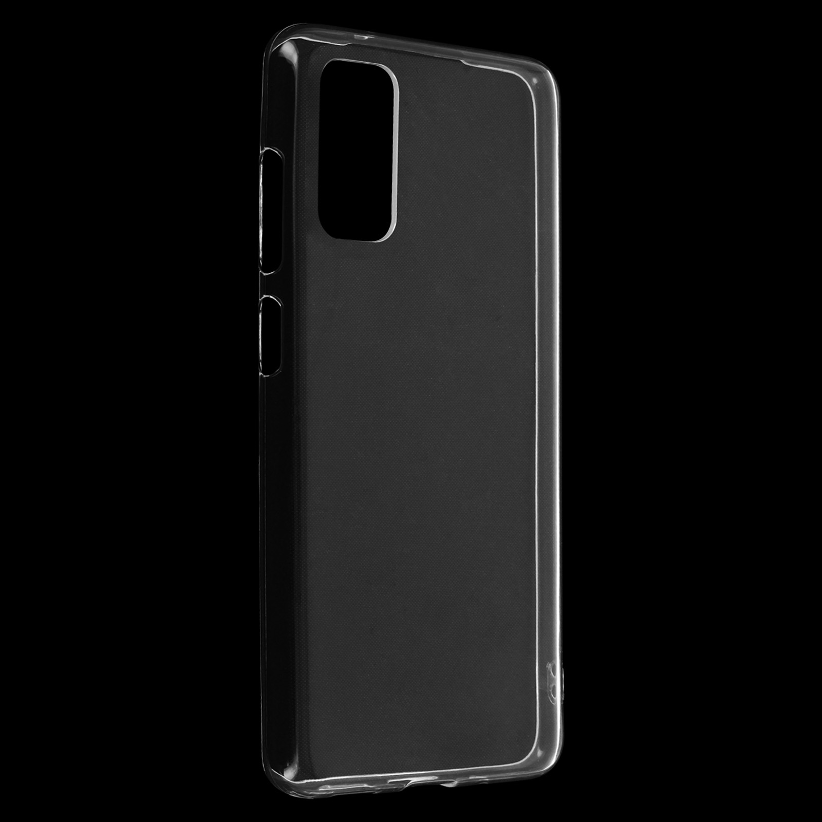 Coque de téléphone transparente, vue arrière. Matériau transparent. Le fond est noir.