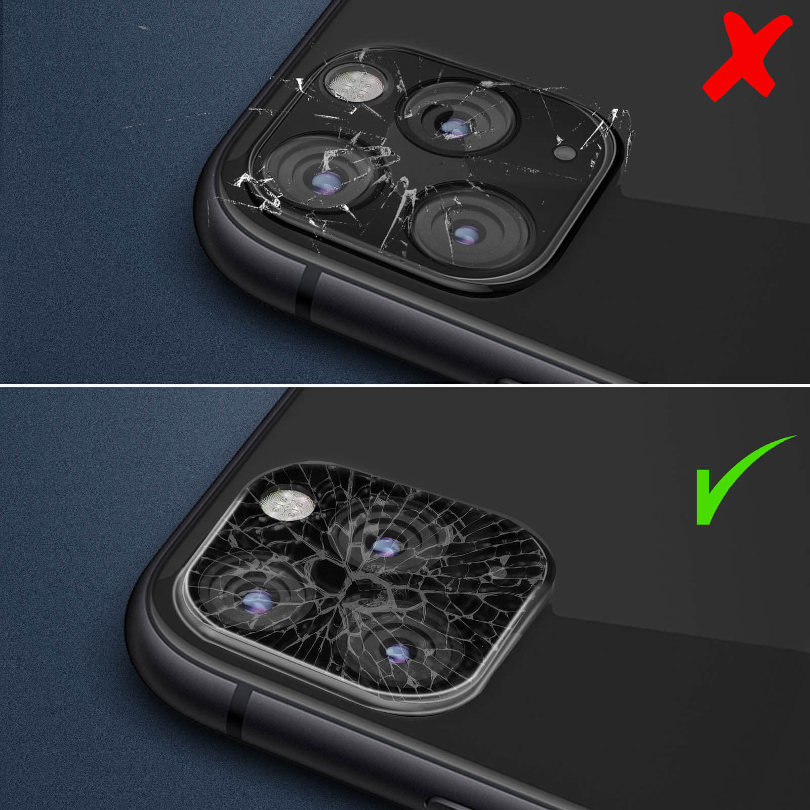 L'immagine mostra la lente della fotocamera di un telefono danneggiata. In alto: lente incrinata con X rossa. In basso: lente riparata con segno di spunta verde.