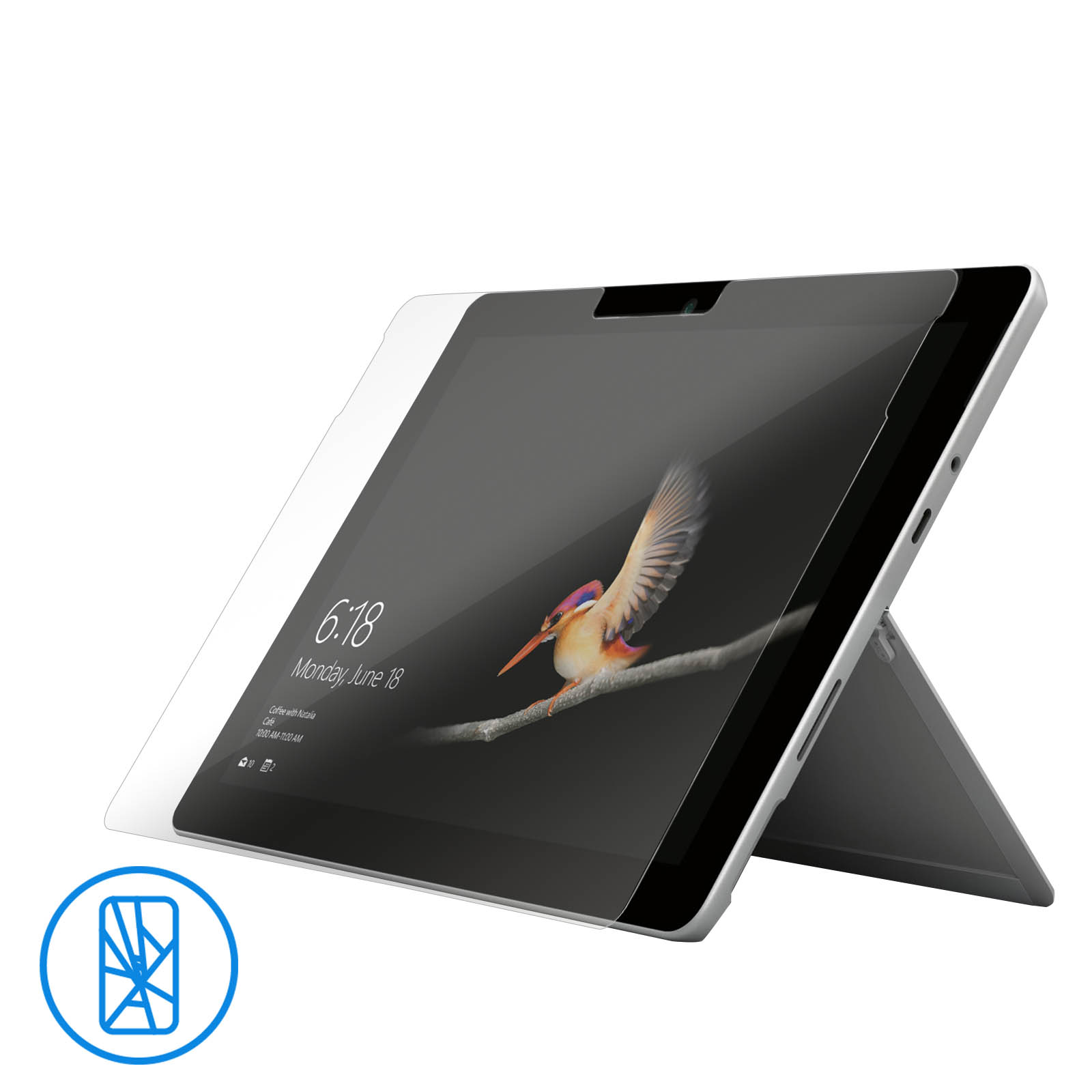 Un tablet con una protezione per lo schermo. Lo schermo mostra l'ora e un paesaggio con un uccello.