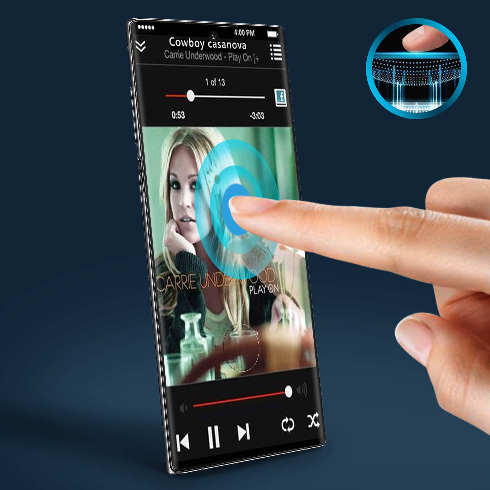 Hand die een muziek-app aanraakt op een telefoonscherm, met een blauwe achtergrond en een circulair detail.