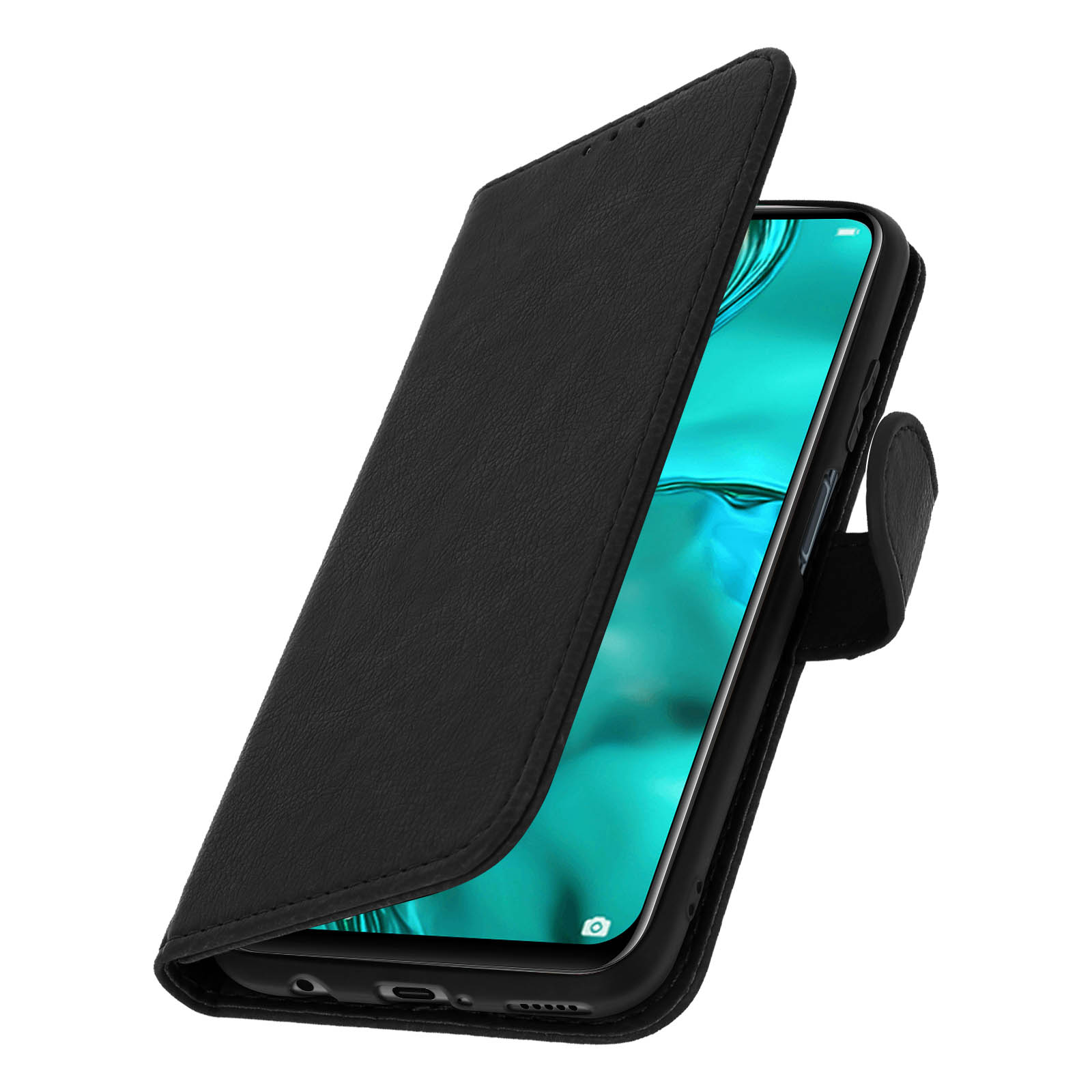 Een zwart telefoonhoesje met de klep open, de telefoon weergevend. Ledertextuur.