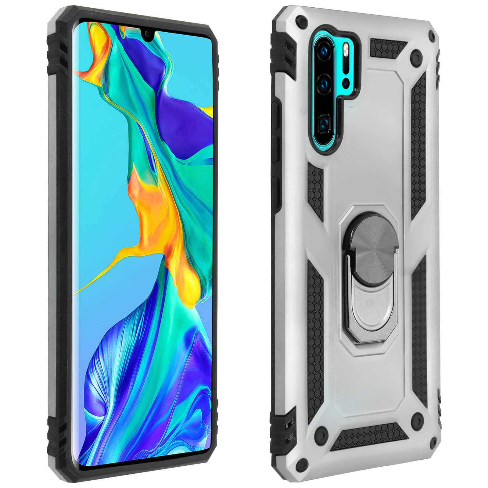 Due custodie per telefono, una con telefono, una senza. Argento e grigio scuro, design robusto con supporto ad anello.