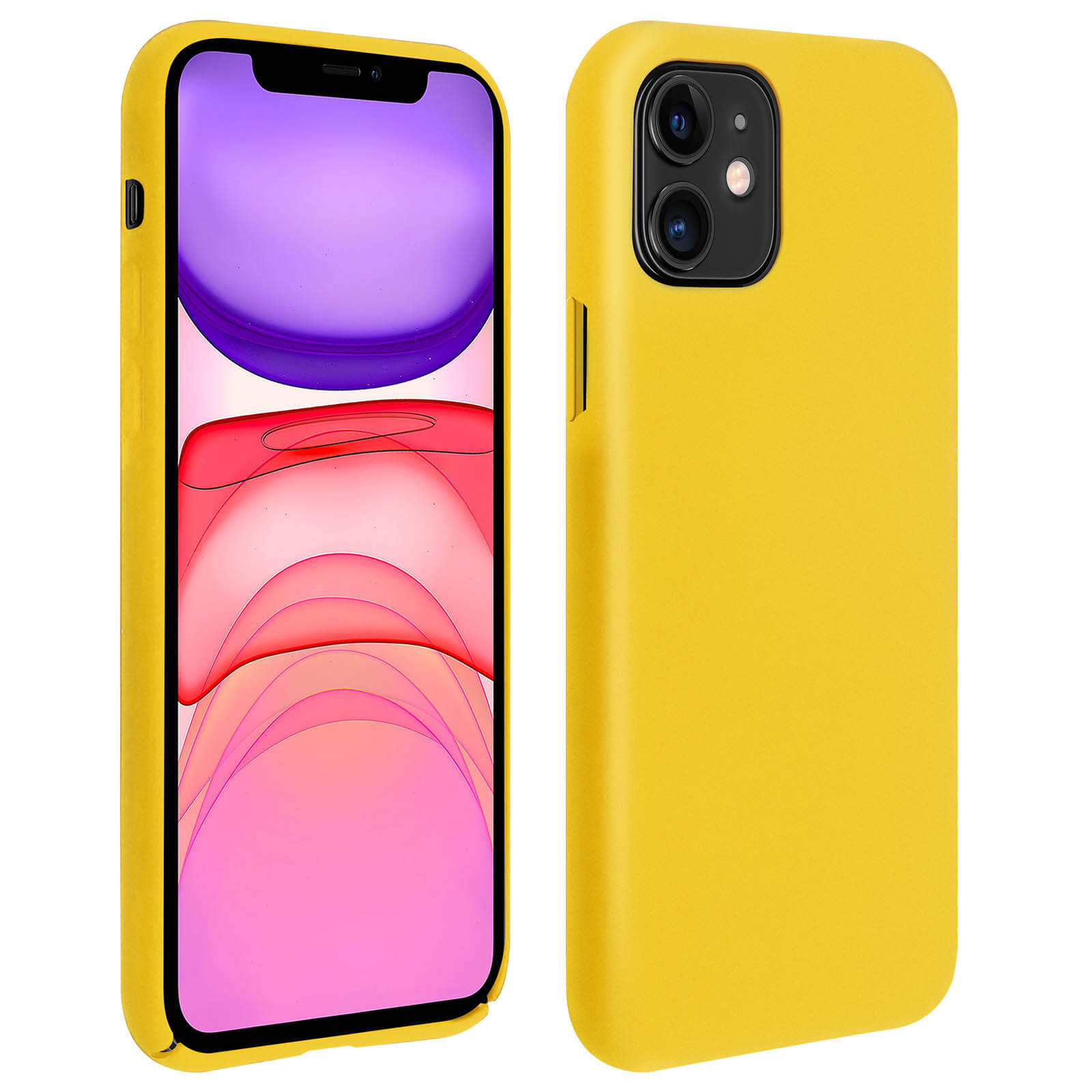 Téléphone jaune avec écran et étui jaune. Le téléphone est dans un étui.