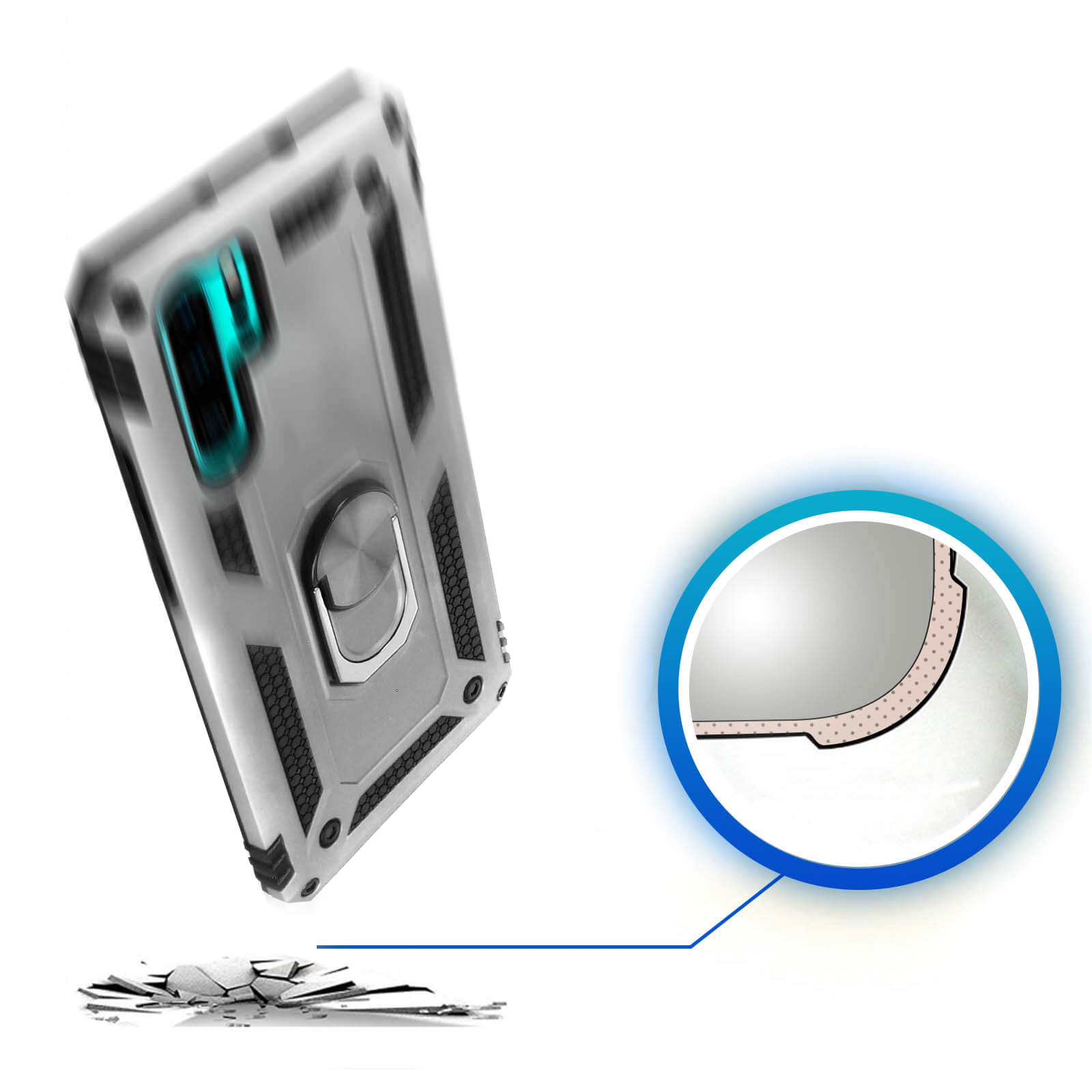 Una custodia per telefono argentata con porta anello è mostrata con vetro rotto in primo piano.