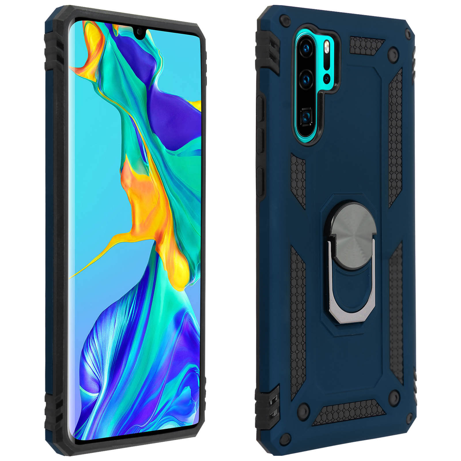 Custodia blu per telefono con un anello. Il telefono mostra il suo schermo.