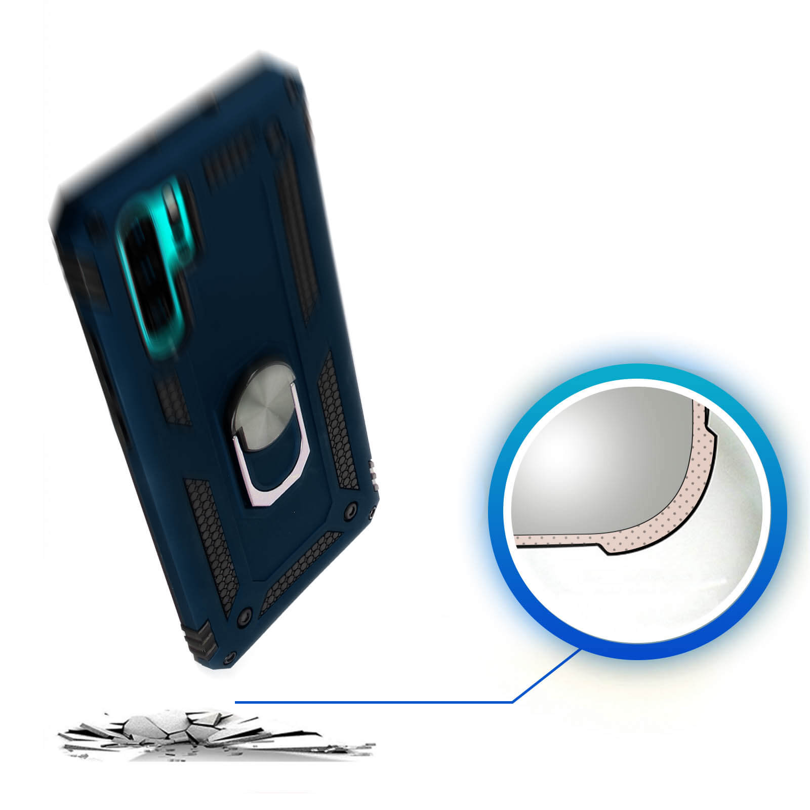 Custodia blu con anello. Sfondo bianco con effetto pavimento esploso e vista dettagliata.