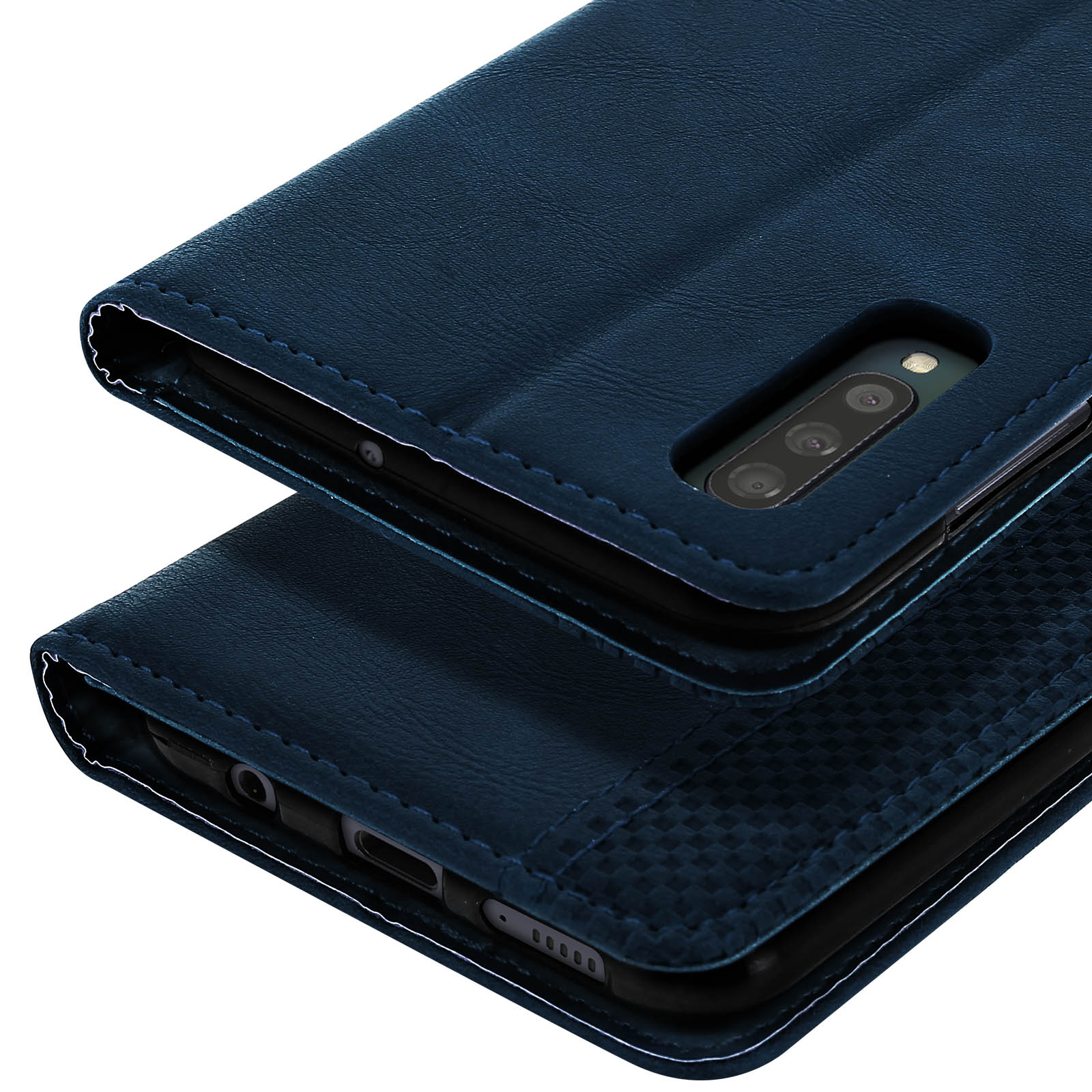 Custodia blu scuro aperta, che mostra la fotocamera e il design interno del telefono.