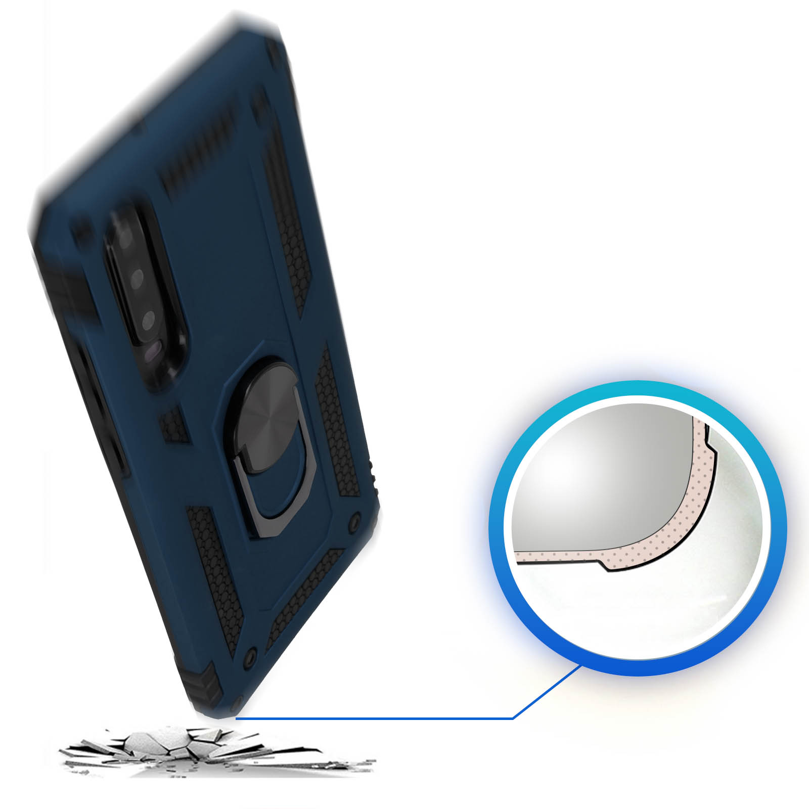 Blauwe telefoonhoes met ringhouder. Telefoon op grond, scheuren in de buurt.