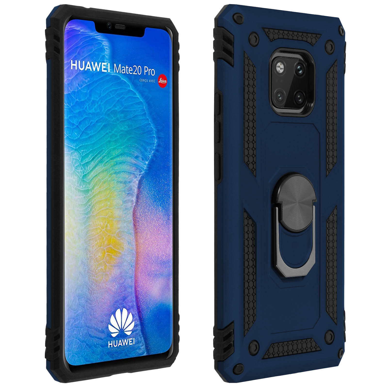 Huawei-telefoon in blauwe hoes. De hoes zit rechts. Het telefoonscherm zit links.