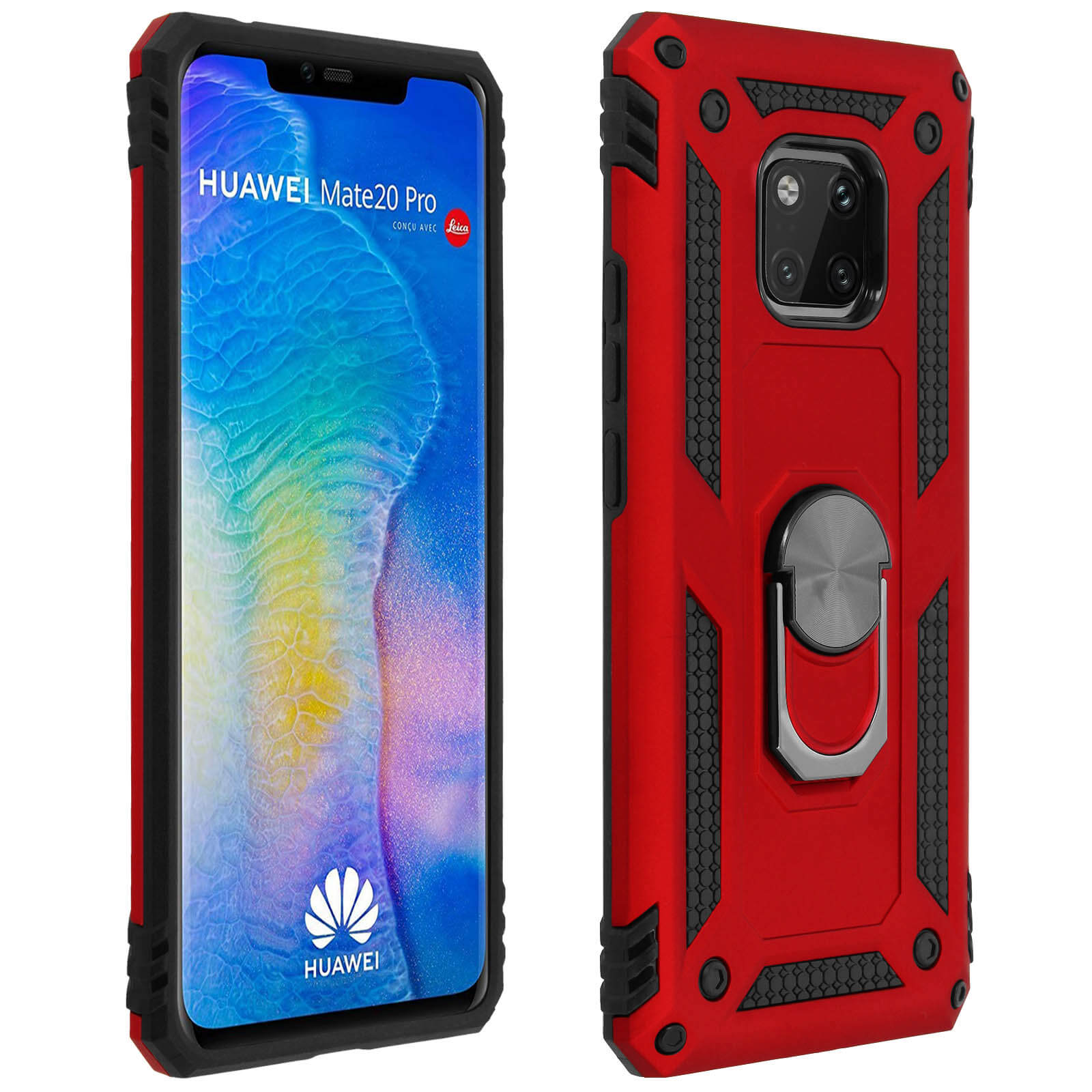 Téléphone Huawei dans un étui rouge. L'écran du téléphone est allumé. L'étui a un anneau. Couleurs noir et rouge.