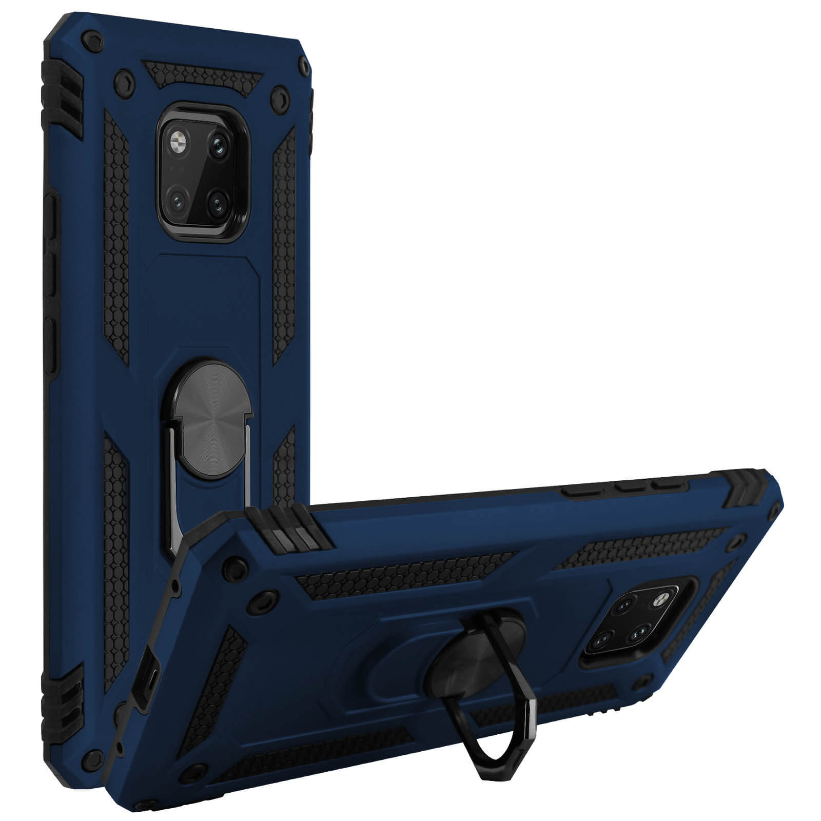 Twee blauwe telefoonhoesjes met ringhouders, een rechtop en de andere onder een hoek, op een wit oppervlak.