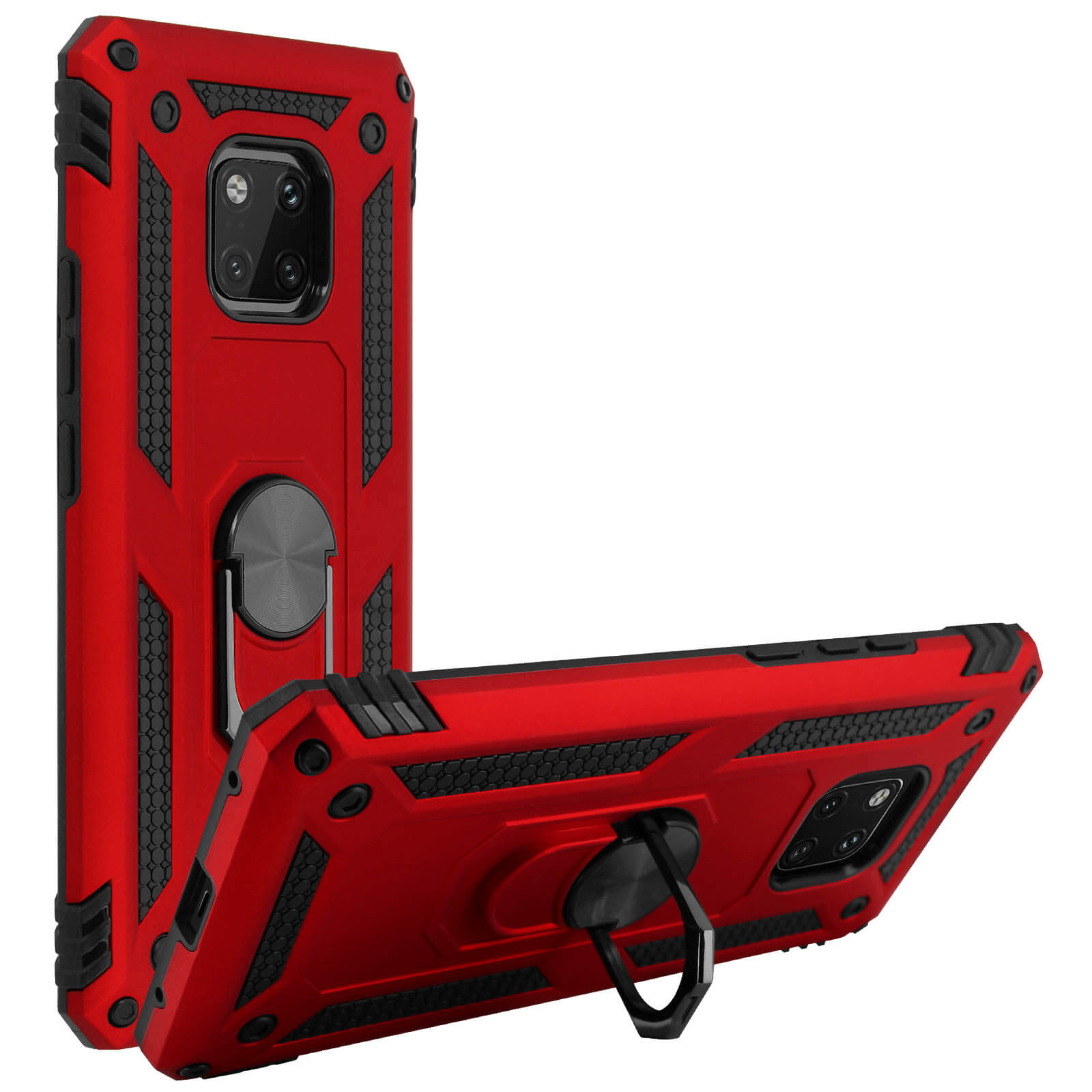 Coque de téléphone rouge avec détails noirs et support d'anneau. Deux coques, fond blanc.