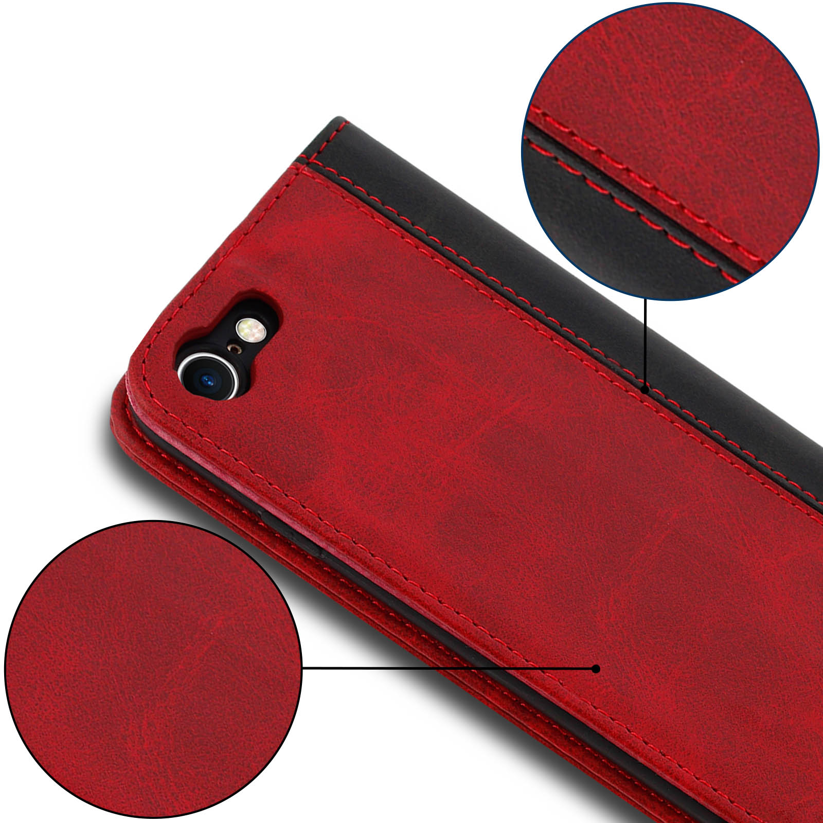 Custodia per telefono rossa e nera. Primo piano della trama in pelle con cuciture rosse. Vista dettagliata della fotocamera.