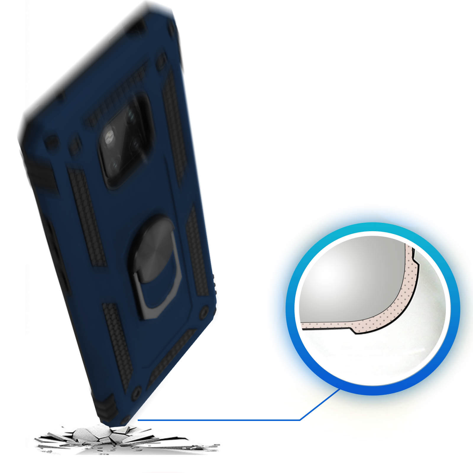 Een blauwe telefoonhoes met een ringhouder, getoond in een gebroken toestand.