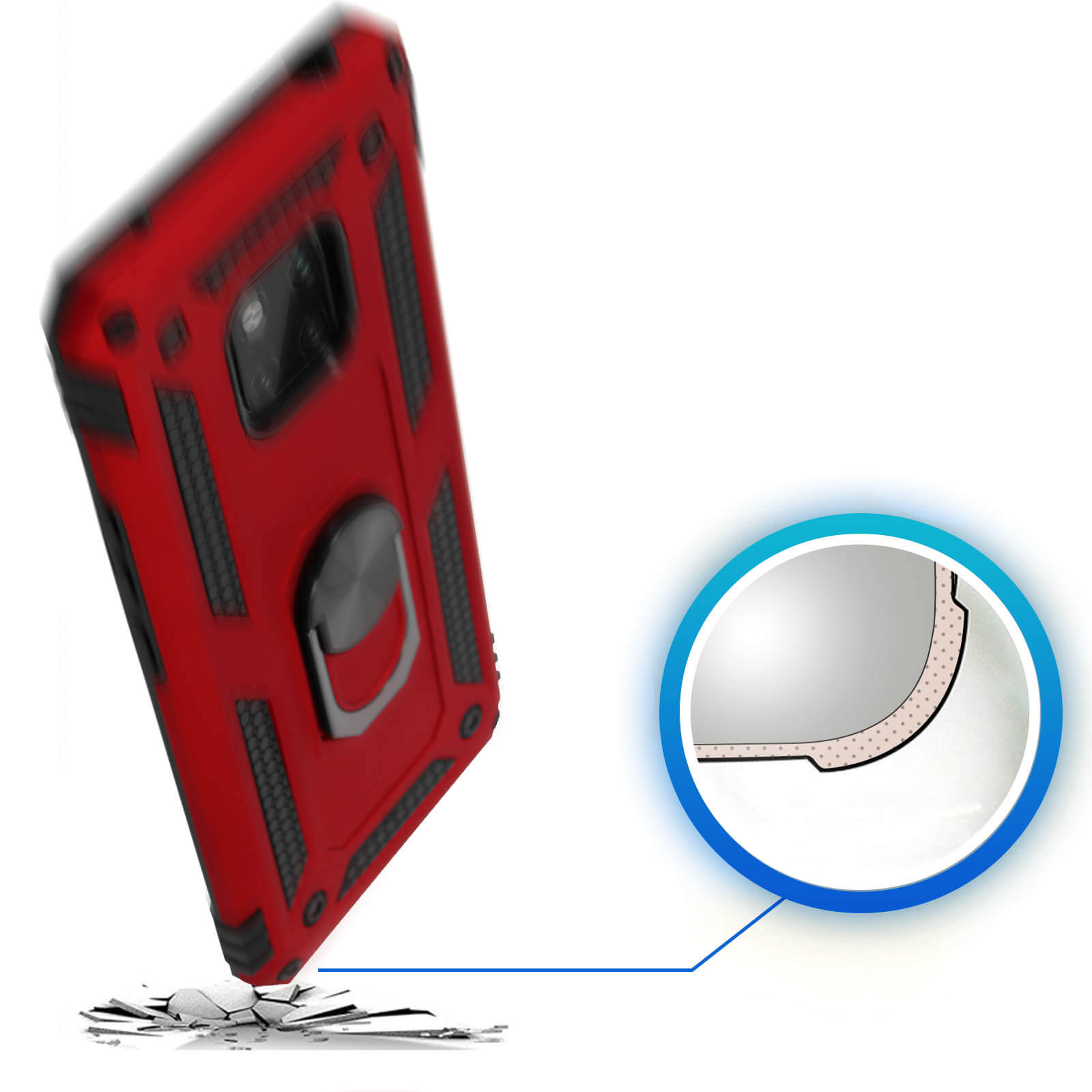 Coque de téléphone rouge qui tombe et se casse, avec détail de l'impact. La coque a un support d'anneau.