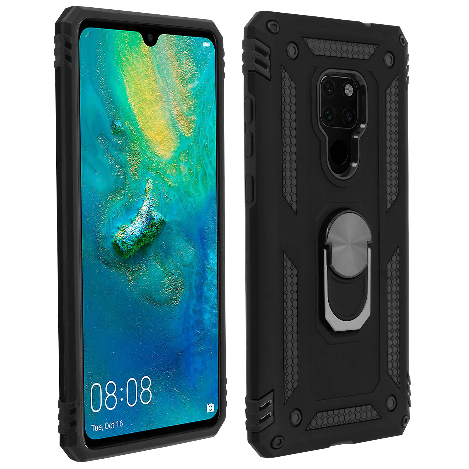 Téléphone noir avec coque noire robuste. Comprend un support de bague et un design protecteur.