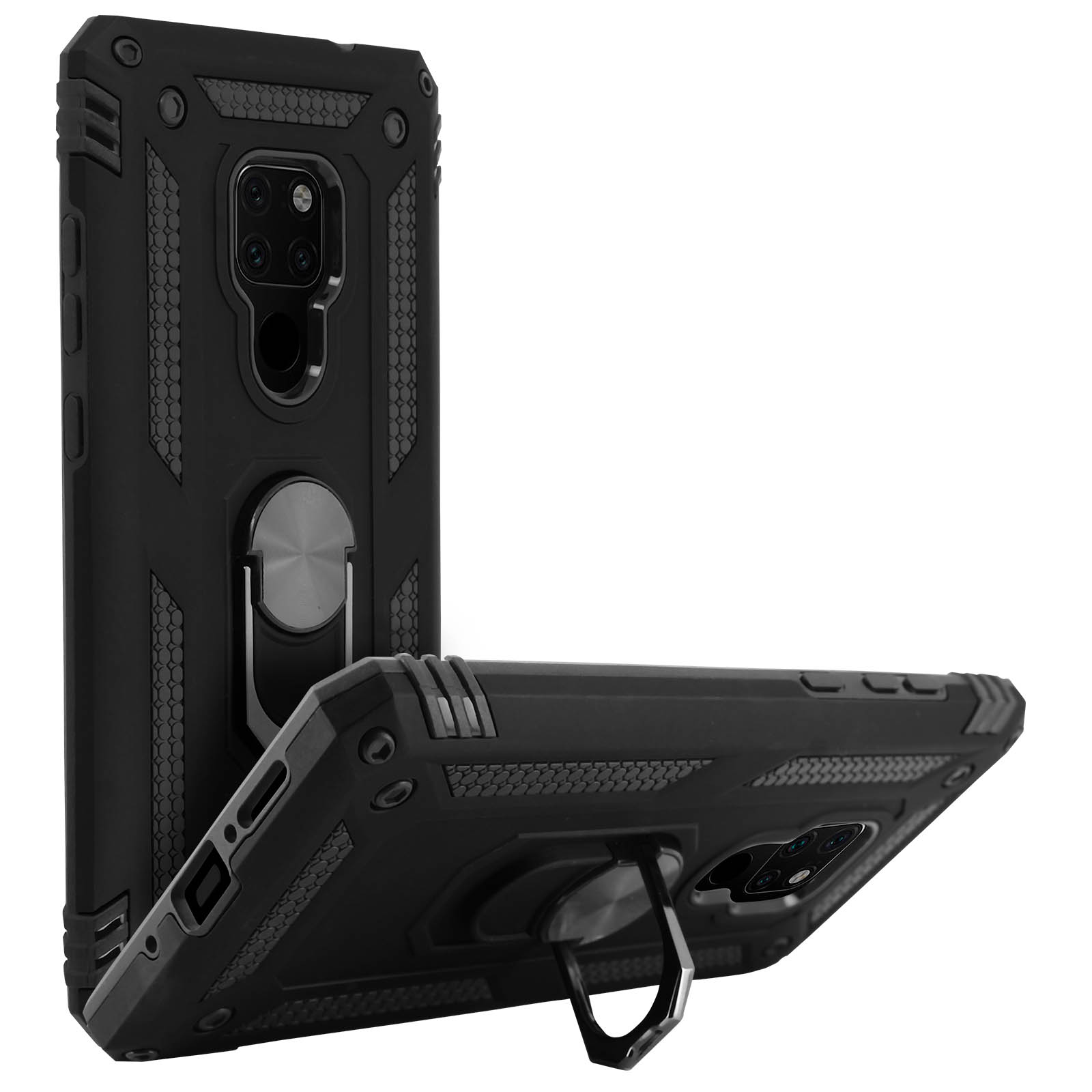 Coque de téléphone noire avec support à anneau. Deux coques sont affichées, montrant les vues arrière et latérales.