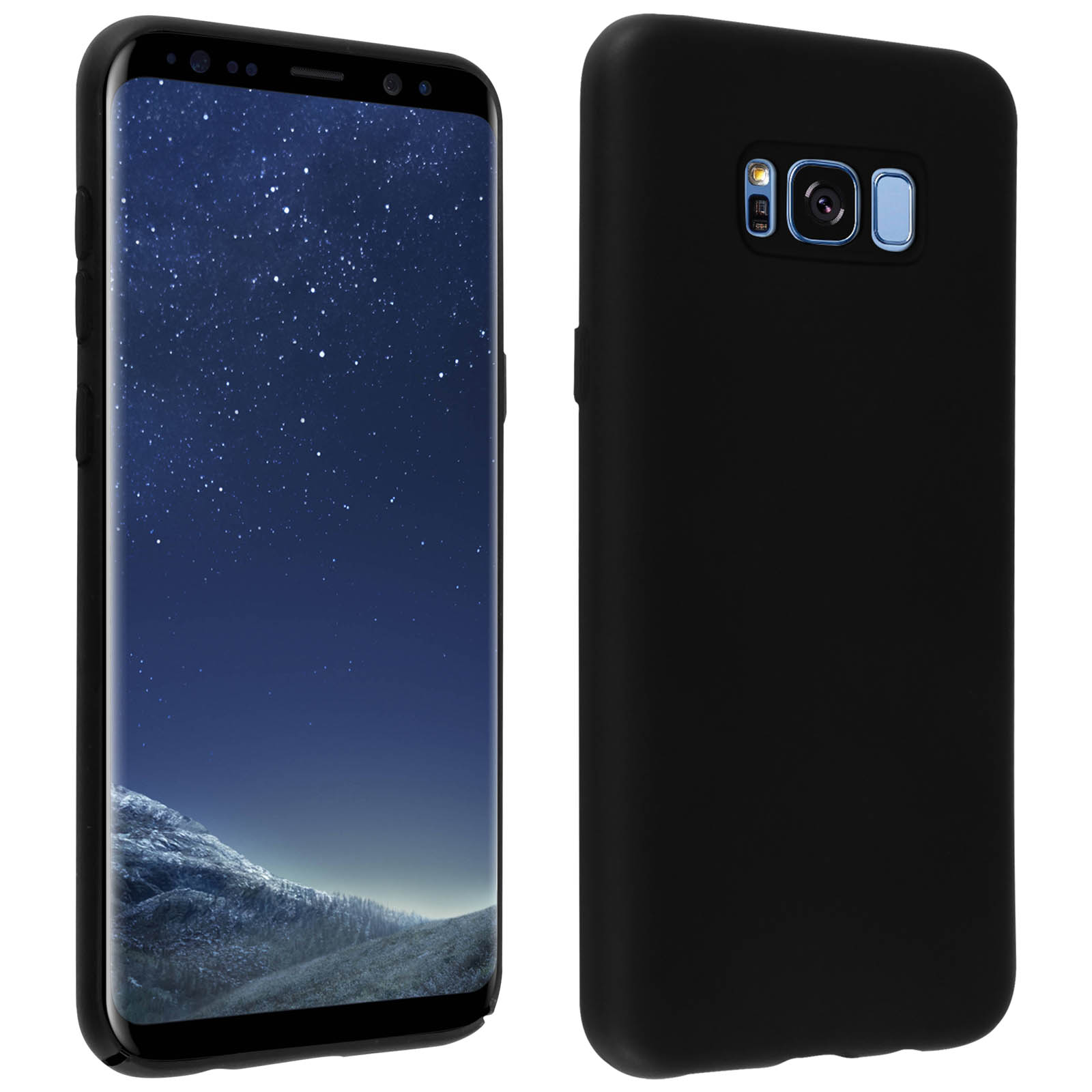Teléfono negro y funda negra. La pantalla del teléfono muestra un cielo nocturno con estrellas.