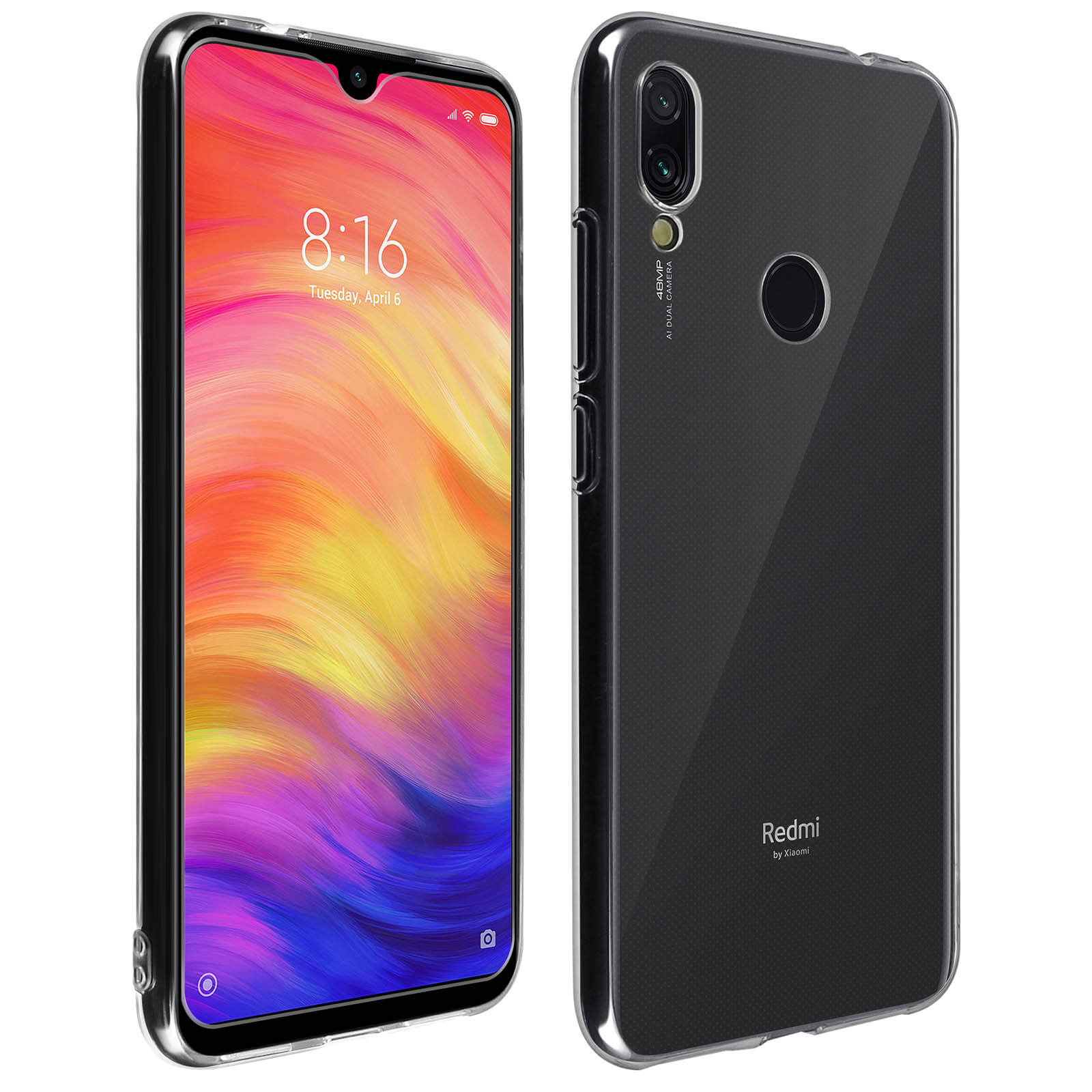 Un telefono con una custodia trasparente mostra lo schermo. Il telefono ha uno sfondo multicolore.