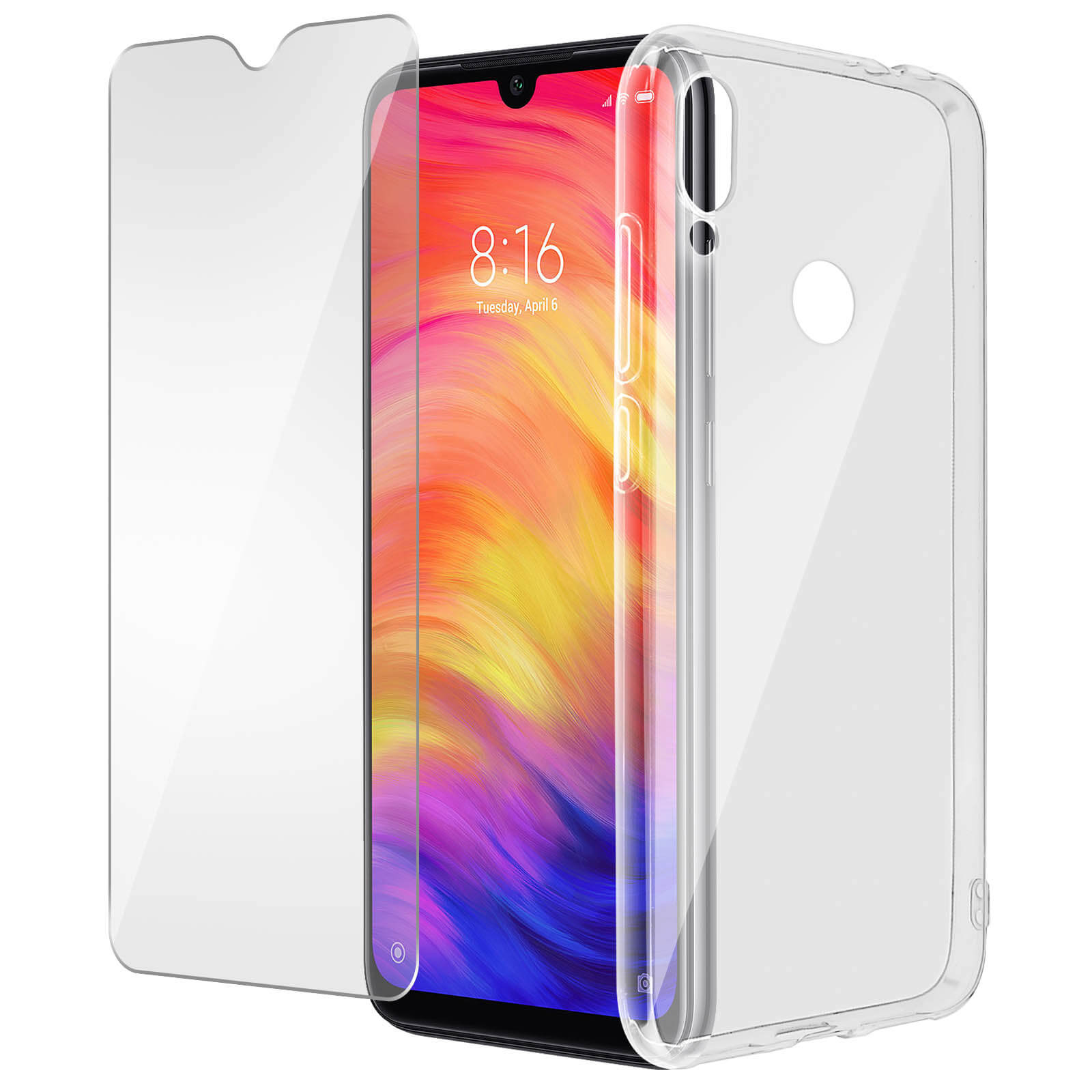 Un telefono con una custodia trasparente e una protezione per lo schermo. Visualizza un'immagine colorata.