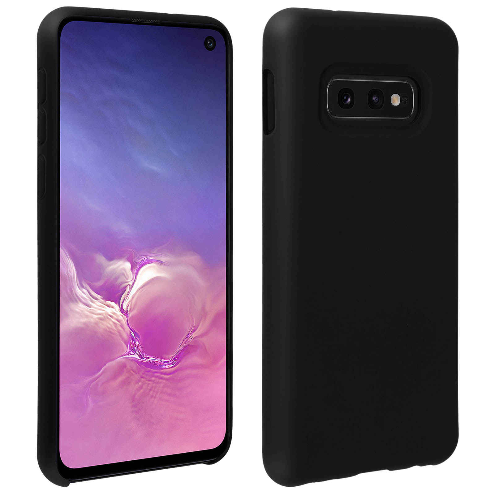 Coque de téléphone et téléphone noirs. Fond blanc.