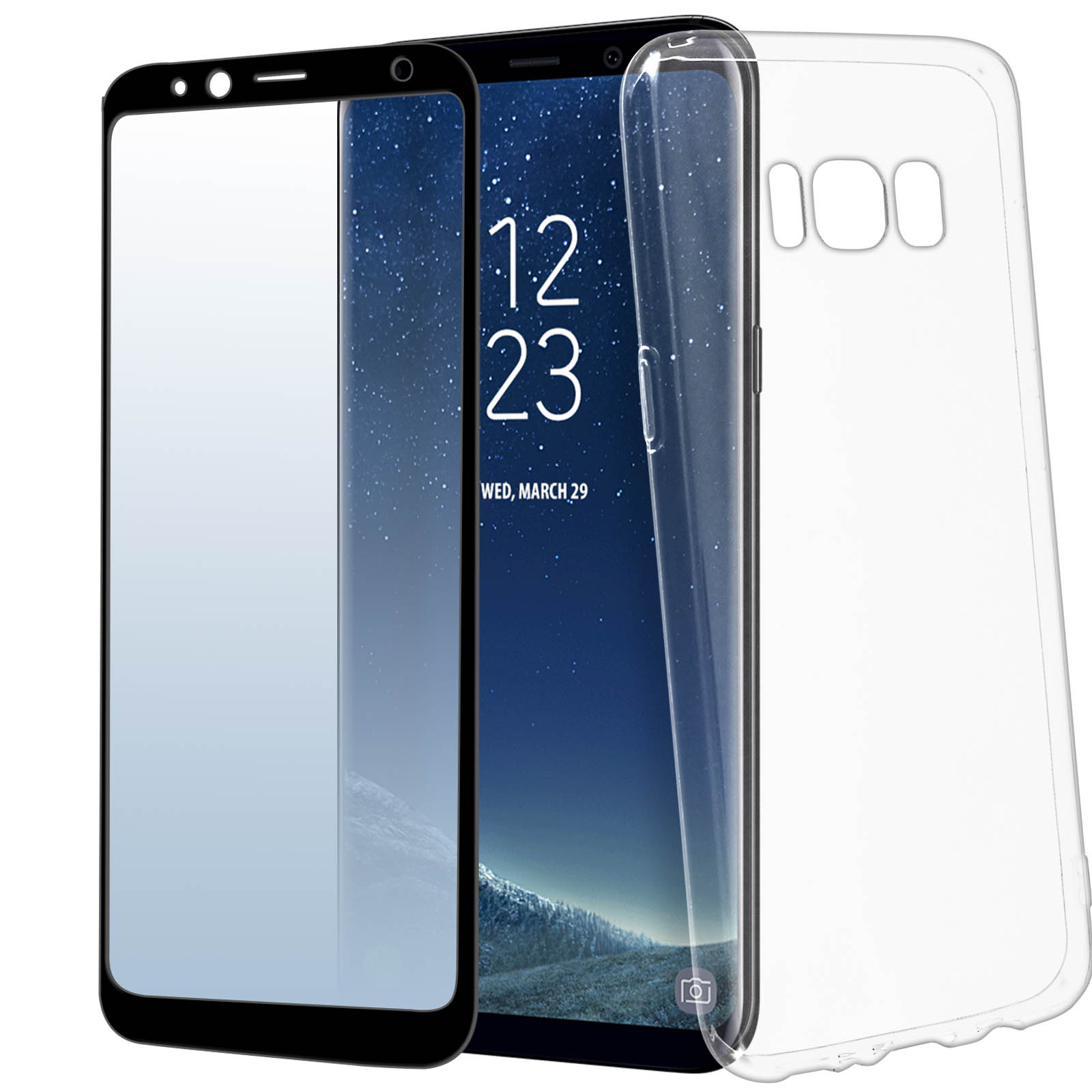 Ein Telefon mit Displayschutz und Hülle, auf weißem Hintergrund. Das Telefon zeigt die Uhrzeit.