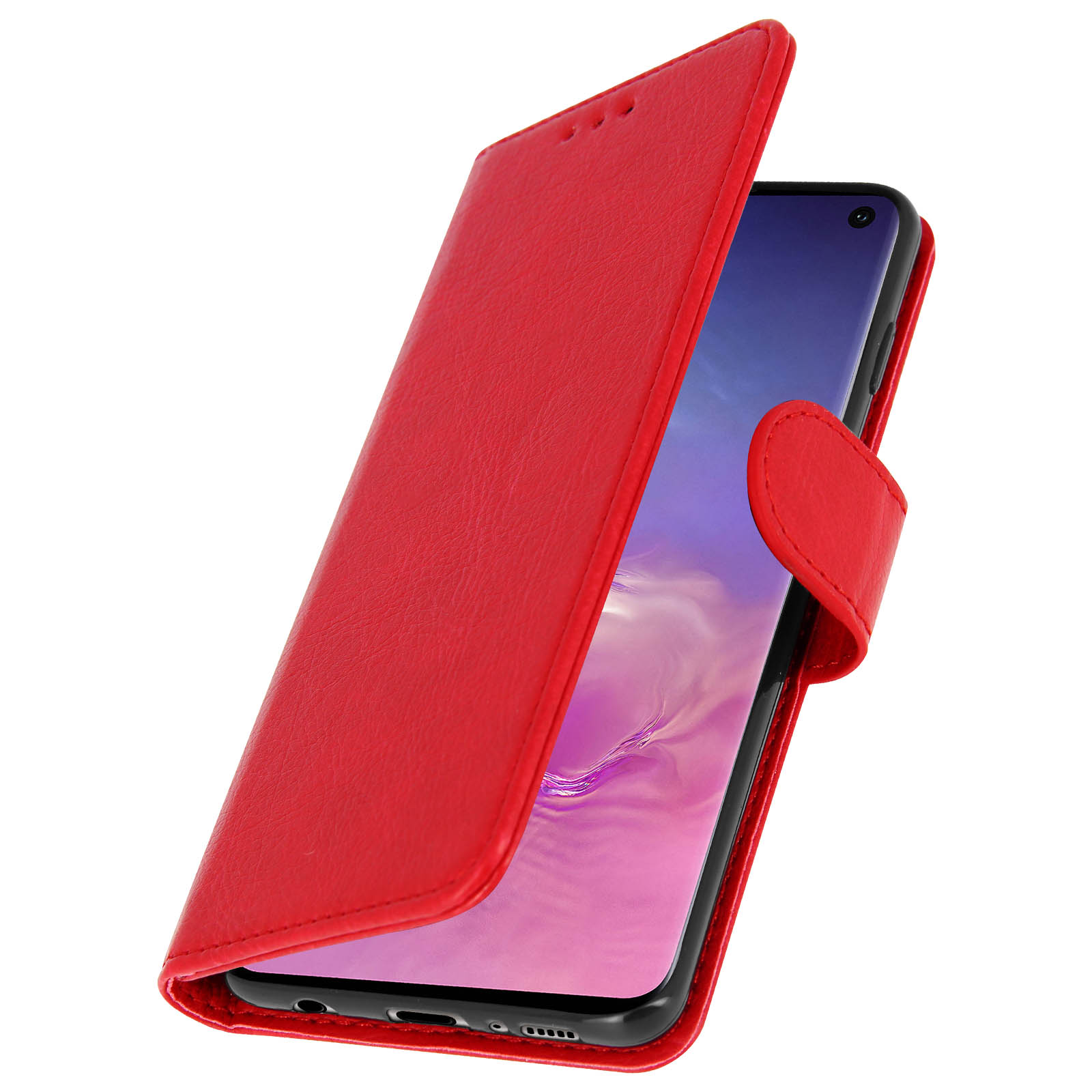Una custodia per telefono rossa è aperta, rivelando lo schermo di un telefono. Lo sfondo è sfocato.