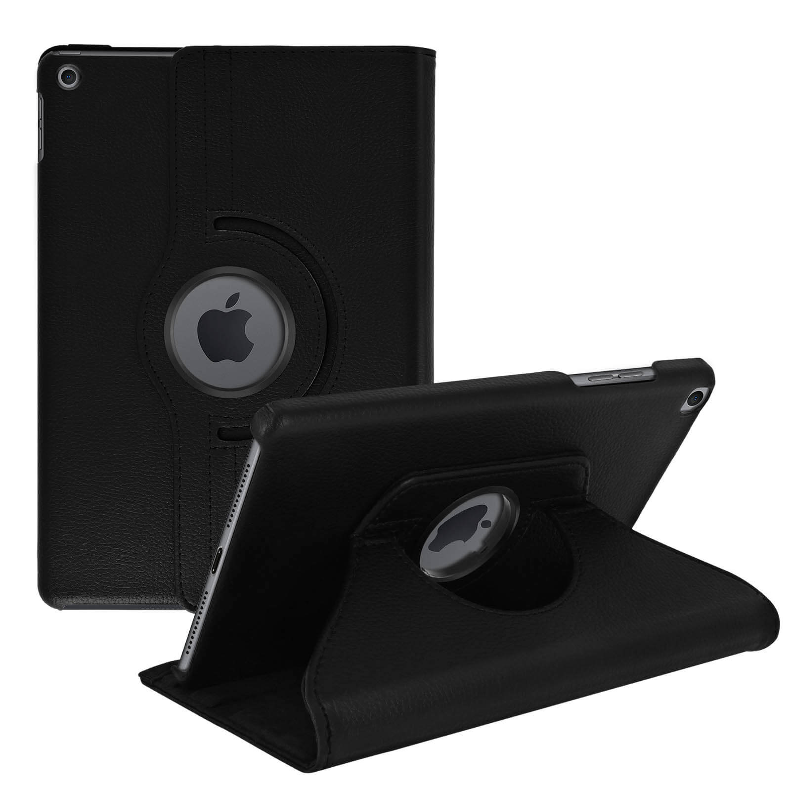 Custodia per iPad nera, con l'iPad all'interno, con il logo Apple. La custodia può ruotare.