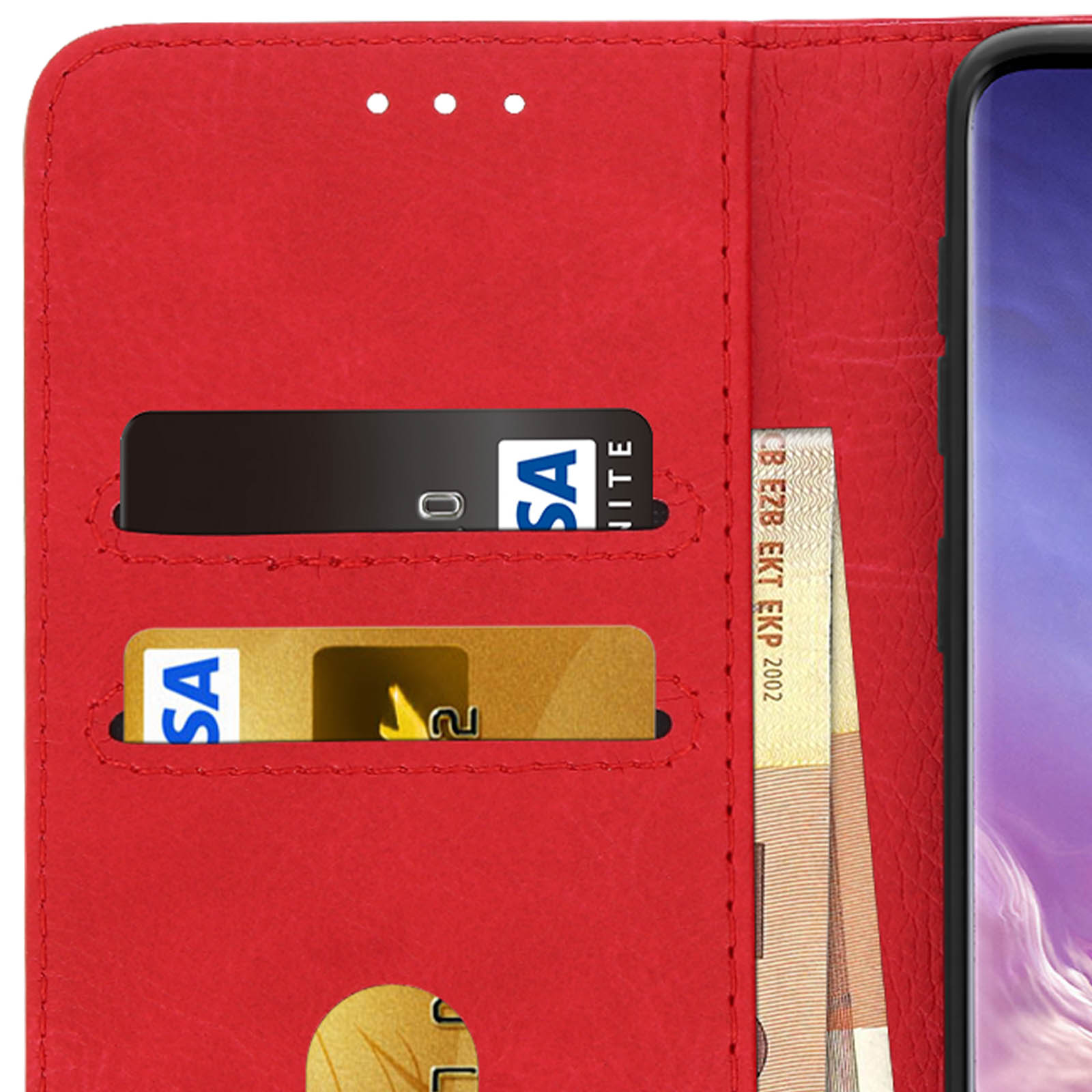 Custodia rossa aperta con carte e contanti visibili all'interno.