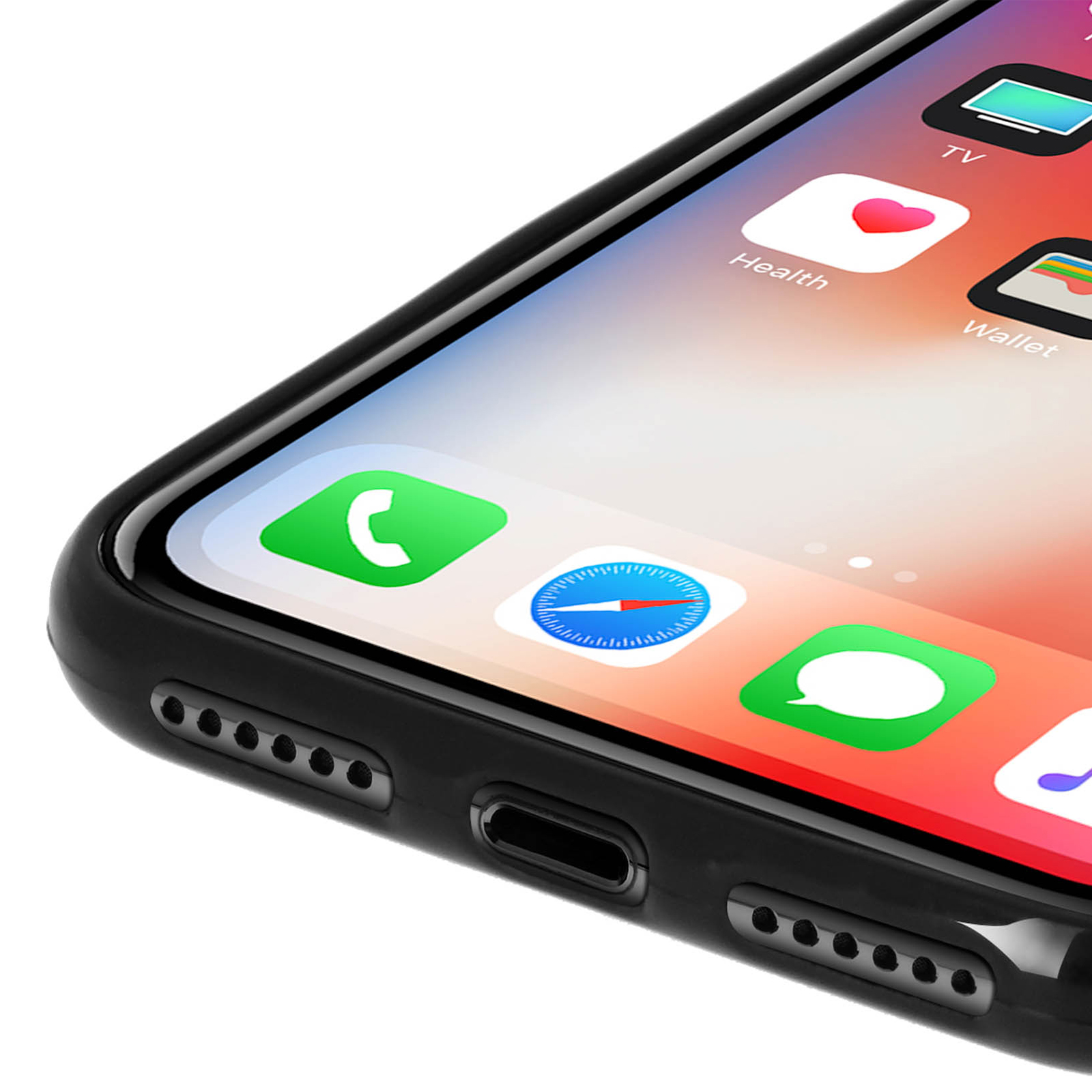 Primo piano di un telefono che mostra gli altoparlanti, il microfono e l'angolo dello schermo.