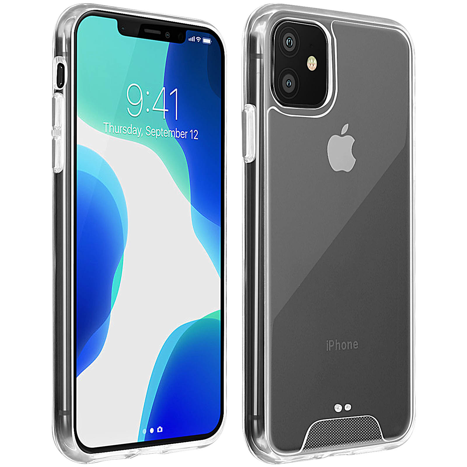 Coque transparente, ouverte. Montre le téléphone à l'intérieur, avec le logo Apple visible.