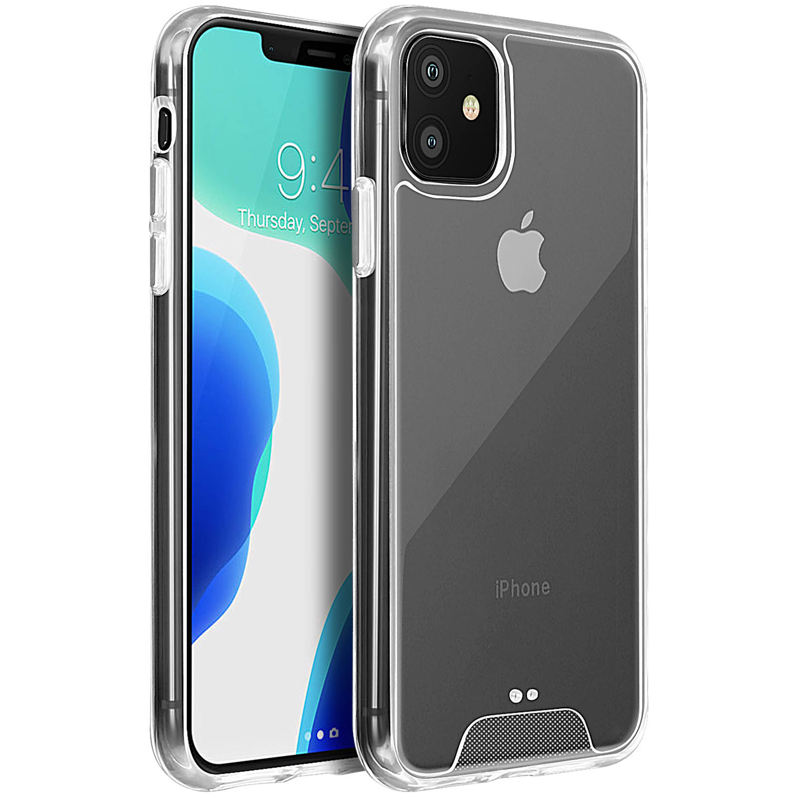 Coque de téléphone transparente avec l'iPhone à l'intérieur.