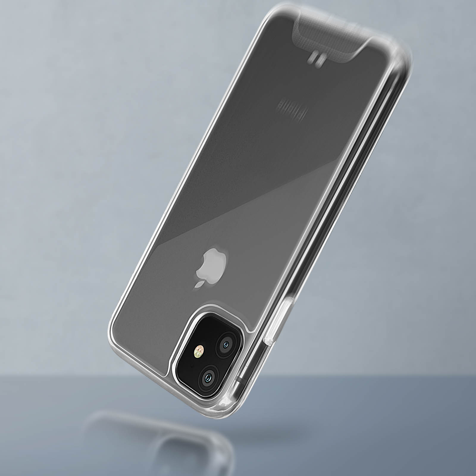 Une coque de téléphone transparente en l'air, montrant l'arrière et l'appareil photo du téléphone.
