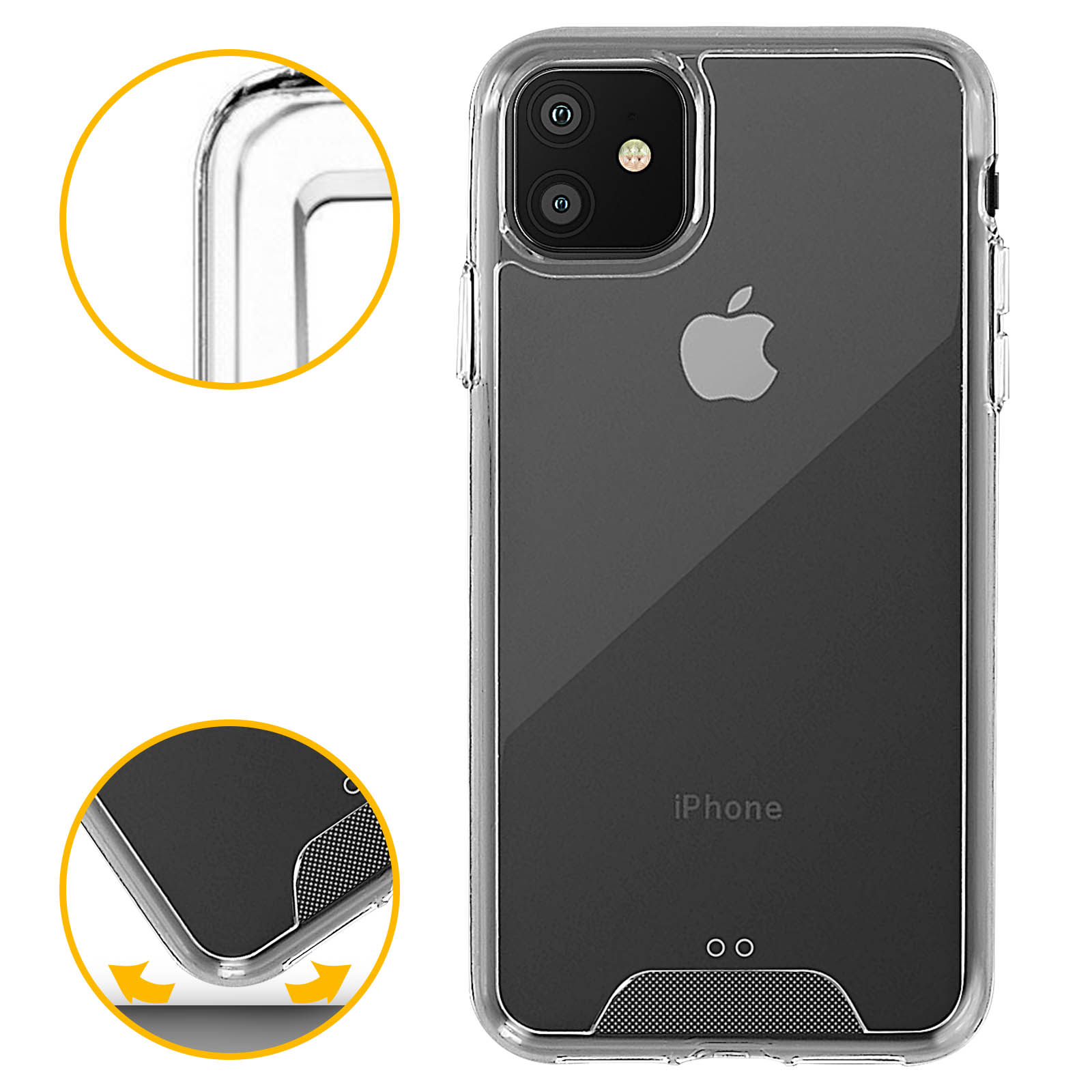 Coque transparente pour iPhone avec dos transparent. L'angle et le bas du téléphone sont mis en évidence.