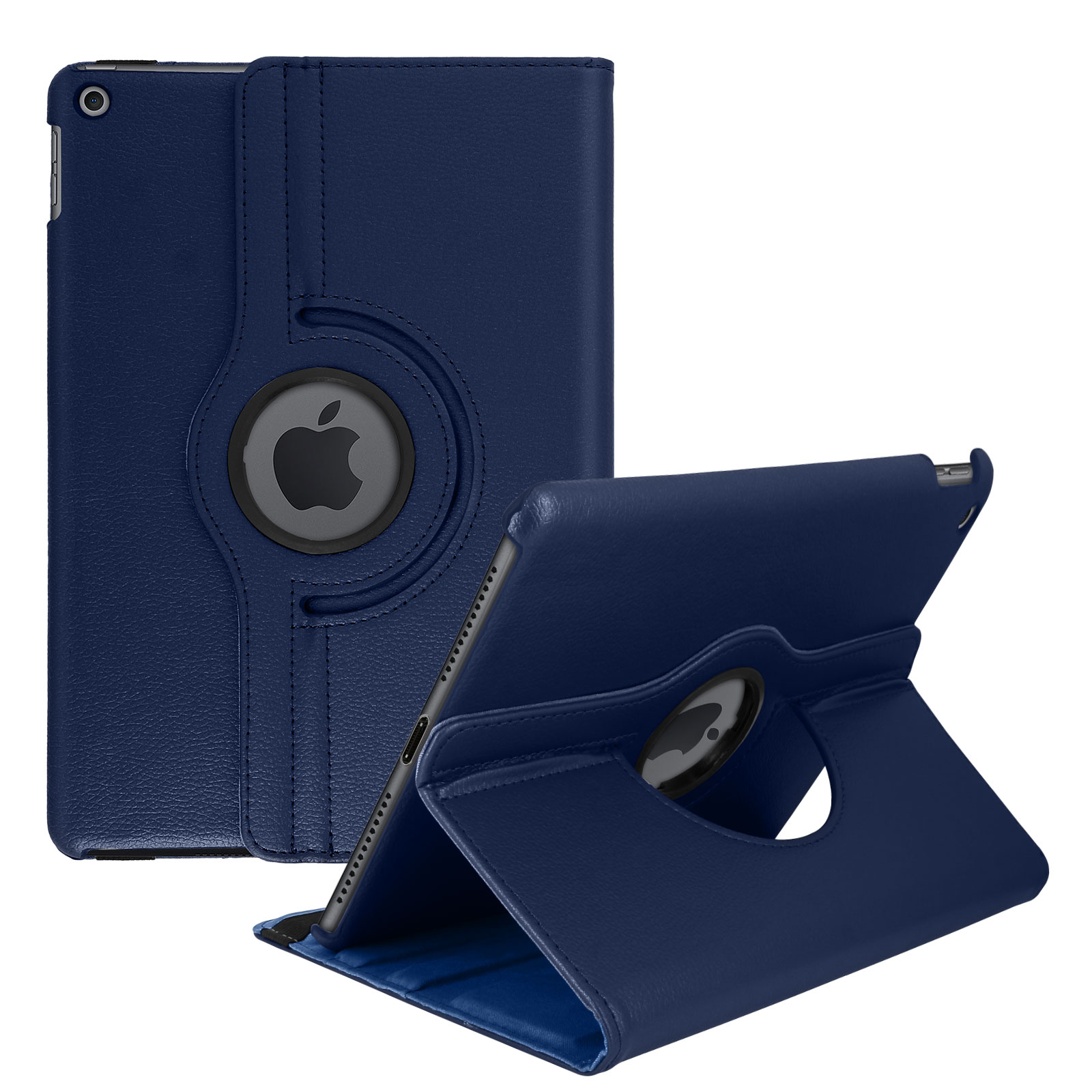 Custodia per tablet in pelle blu con logo Apple, in piedi.