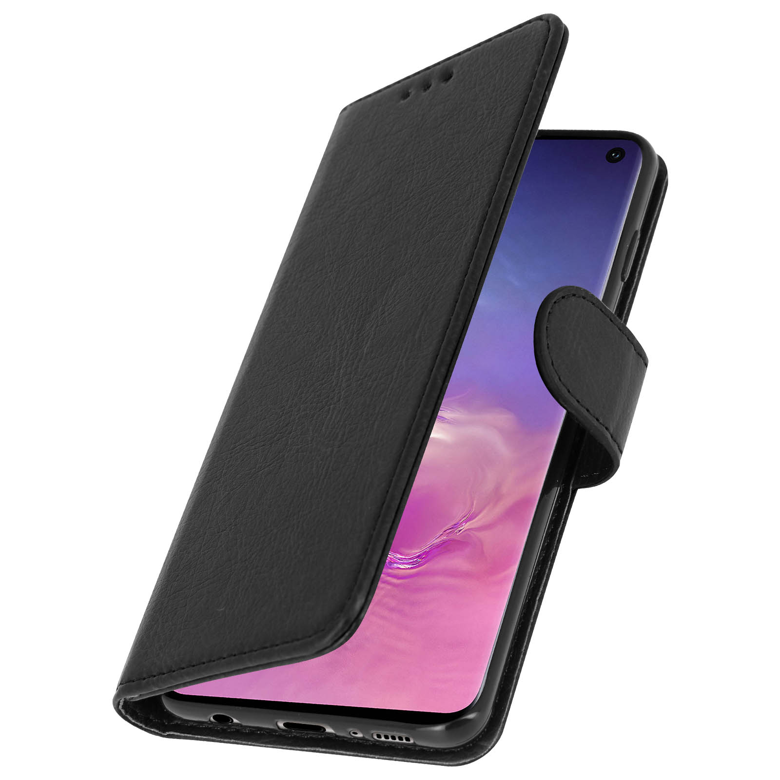 Telefono nero in custodia nera, parzialmente aperta. Lo schermo mostra una sfumatura blu e rosa.