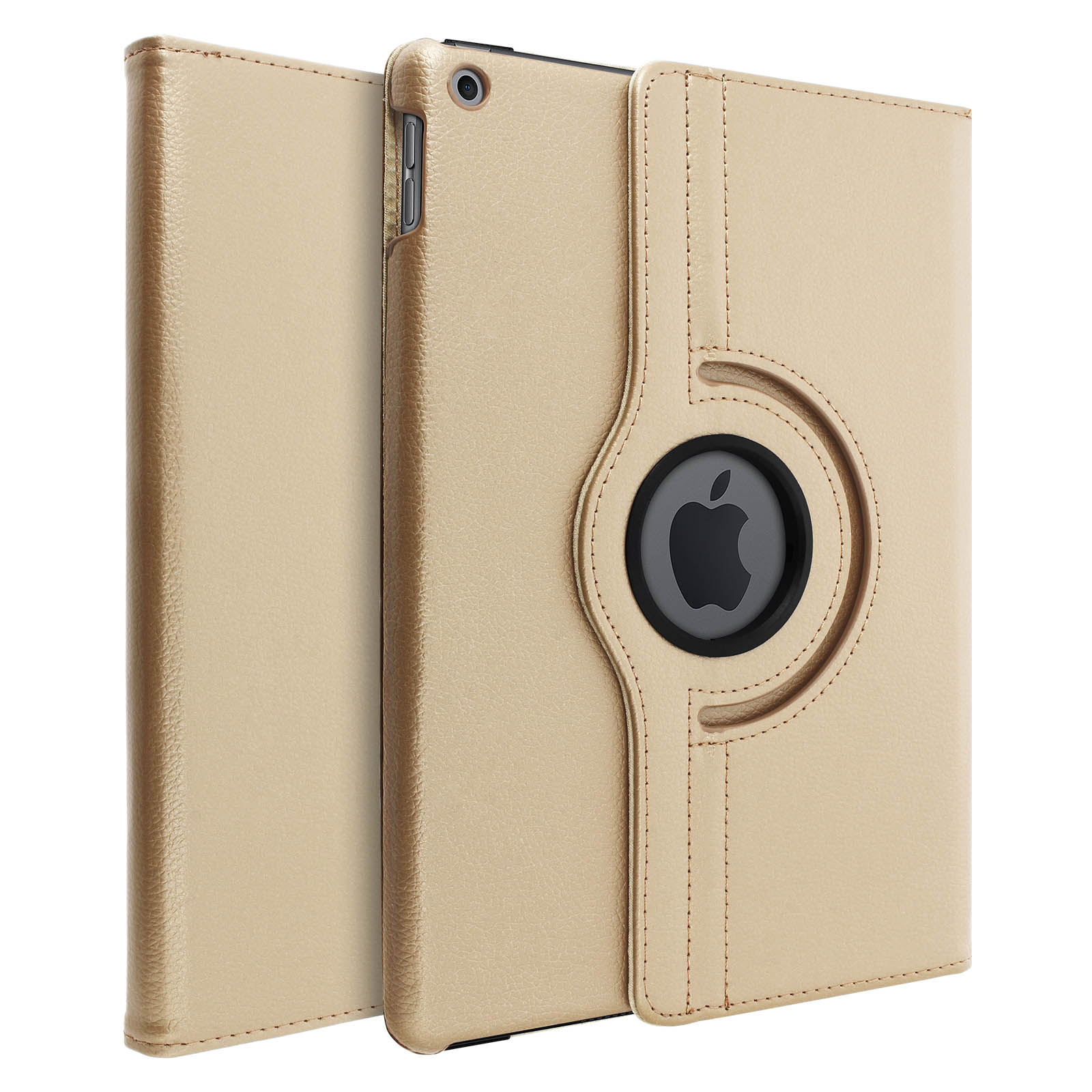 Custodia iPad dorata, chiusa e aperta, che mostra il retro dell'iPad. Logo Apple visibile.