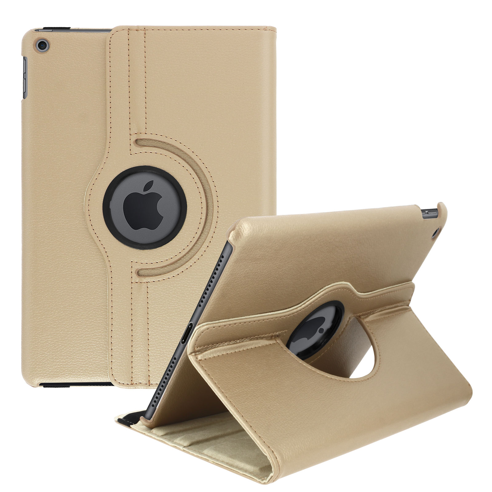 Custodia per tablet in pelle color tan. Il tablet è in orizzontale e la custodia può ruotarlo.