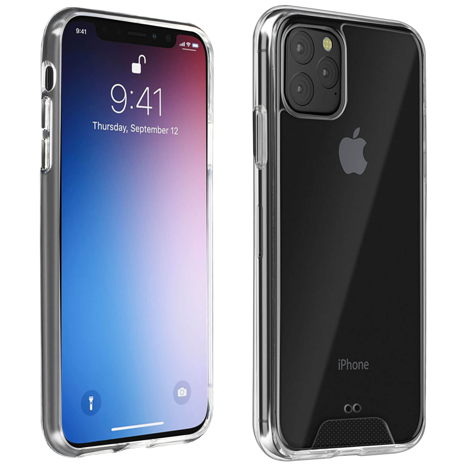 iPhone in una custodia trasparente. Lo schermo mostra l'ora. La custodia è trasparente.