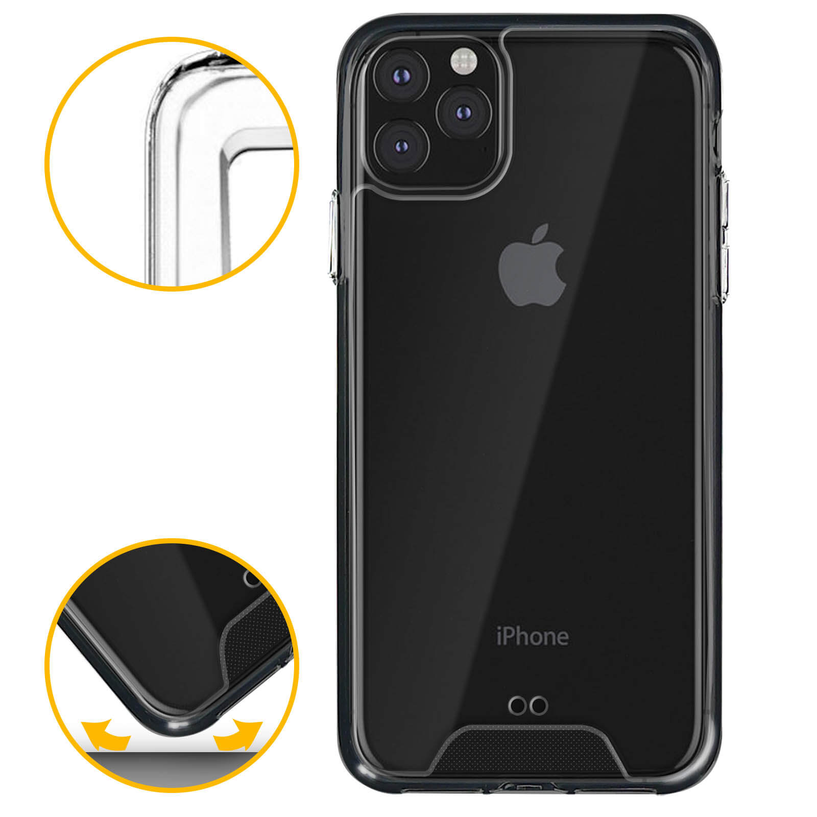 Custodia trasparente per iPhone, con primi piani degli angoli e del retro.